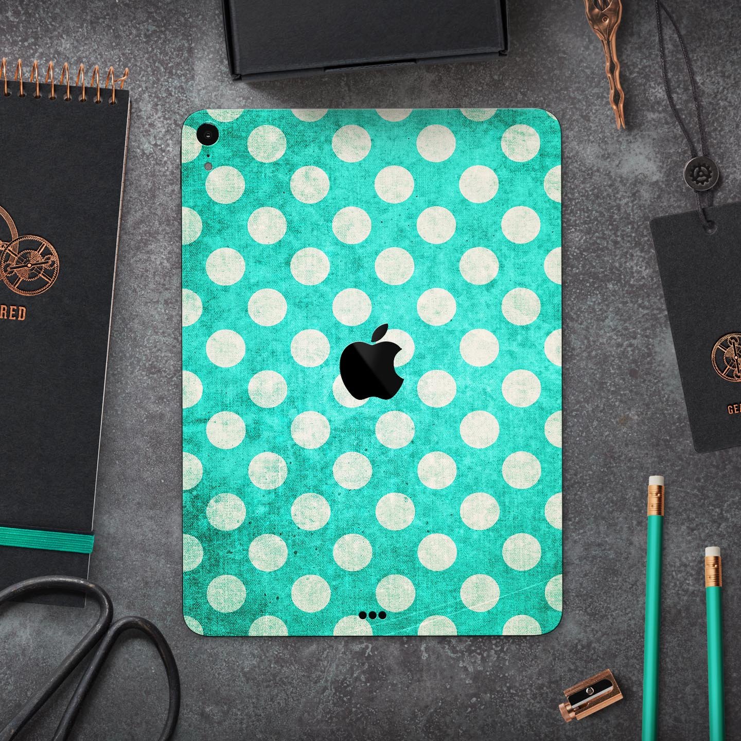 Grungy teal and white polka dots full body skin decal for Apple devices, showcasing a stylish design with premium finish.