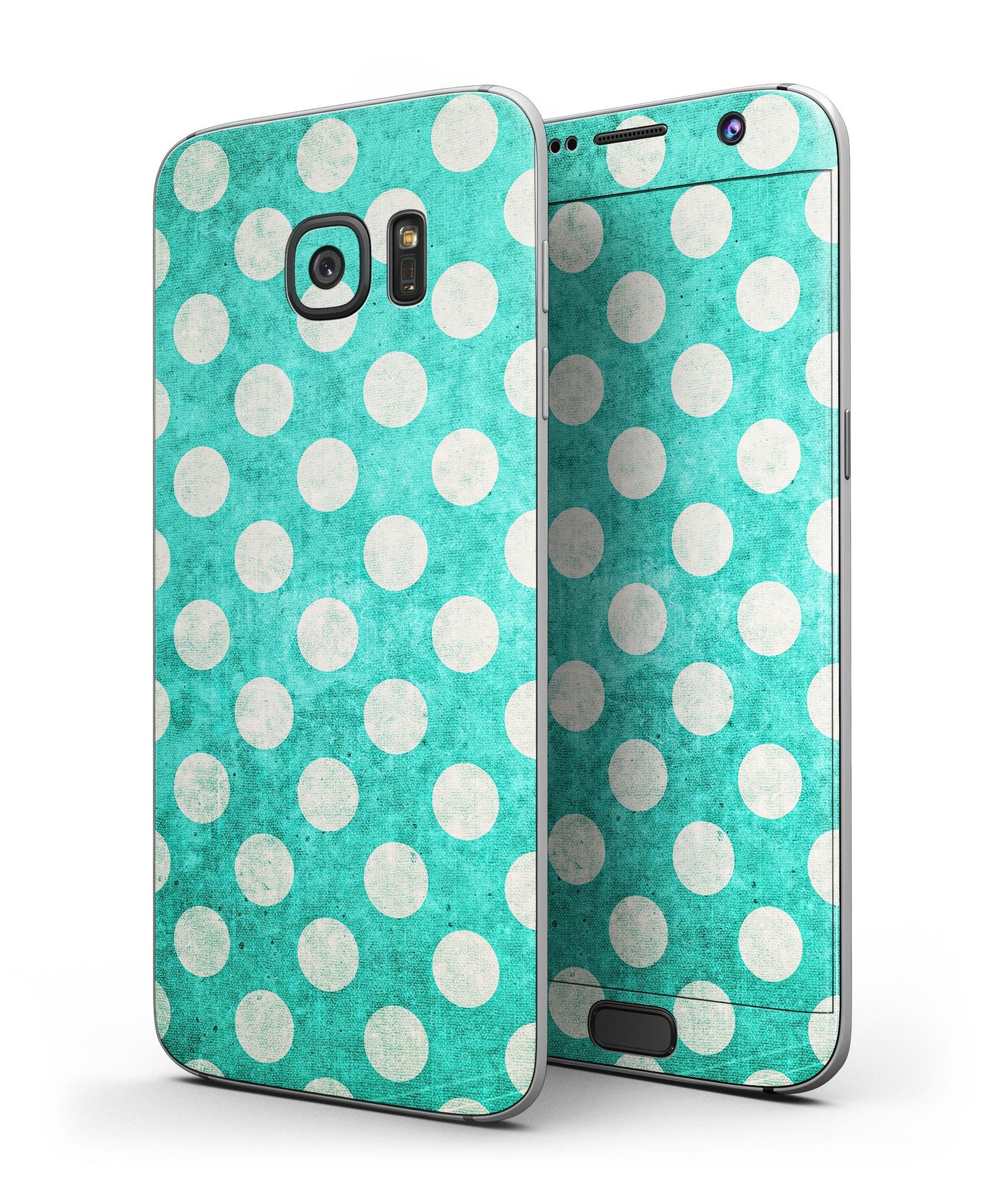 Grungy teal and white polka dots full body skin kit for Samsung Galaxy S7 and S7 Edge, showcasing vibrant colors and stylish design.