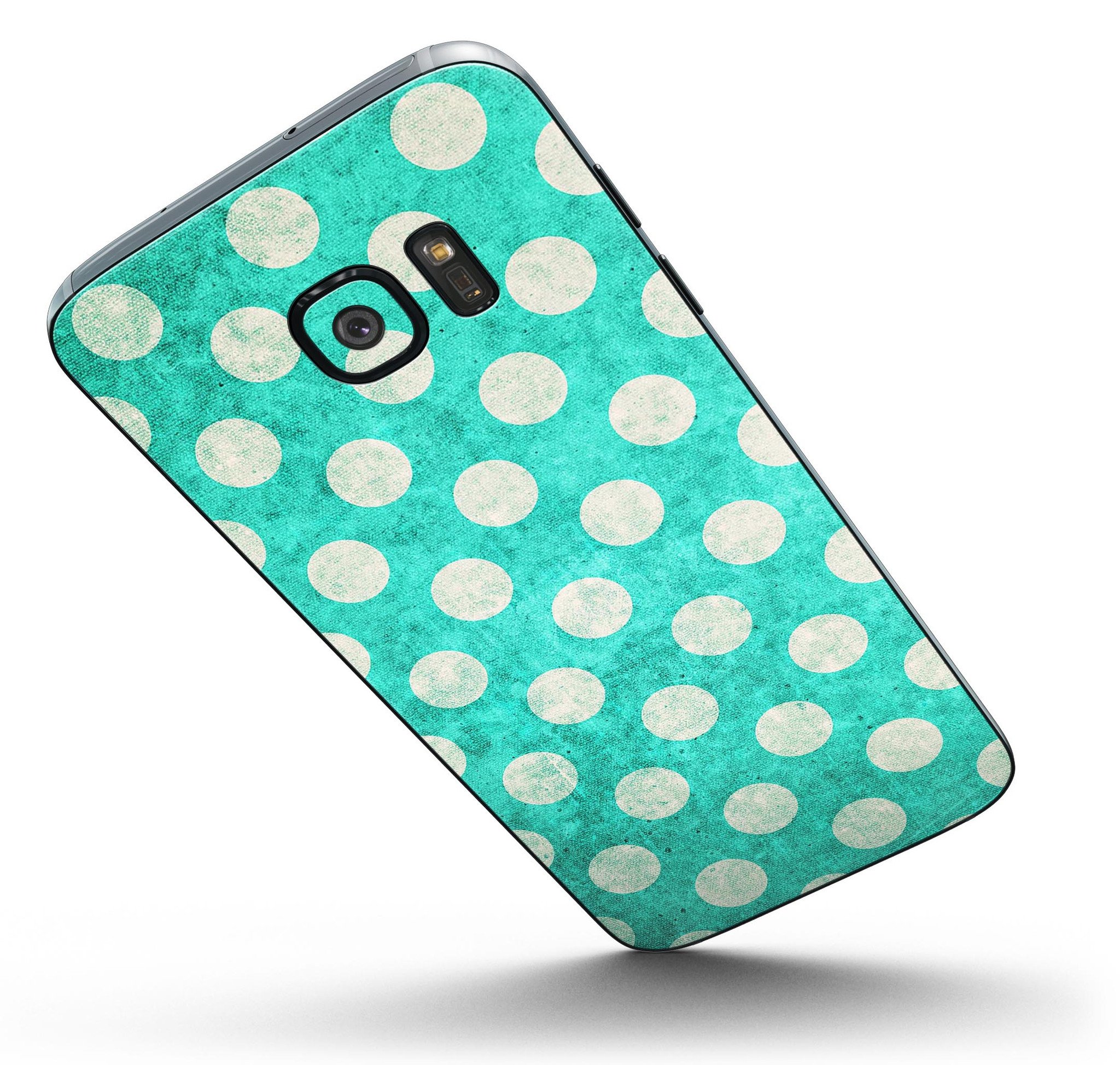 Grungy teal and white polka dots full body skin kit for Samsung Galaxy S7 and S7 Edge, showcasing vibrant colors and stylish design.