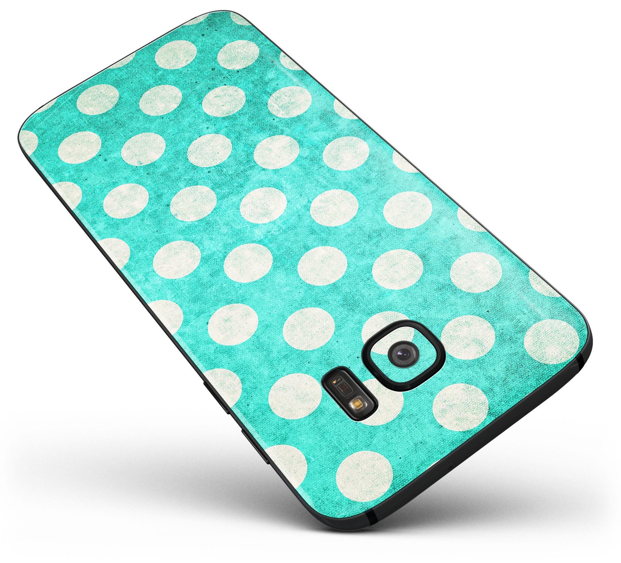 Grungy teal and white polka dots full body skin kit for Samsung Galaxy S7 and S7 Edge, showcasing vibrant colors and stylish design.