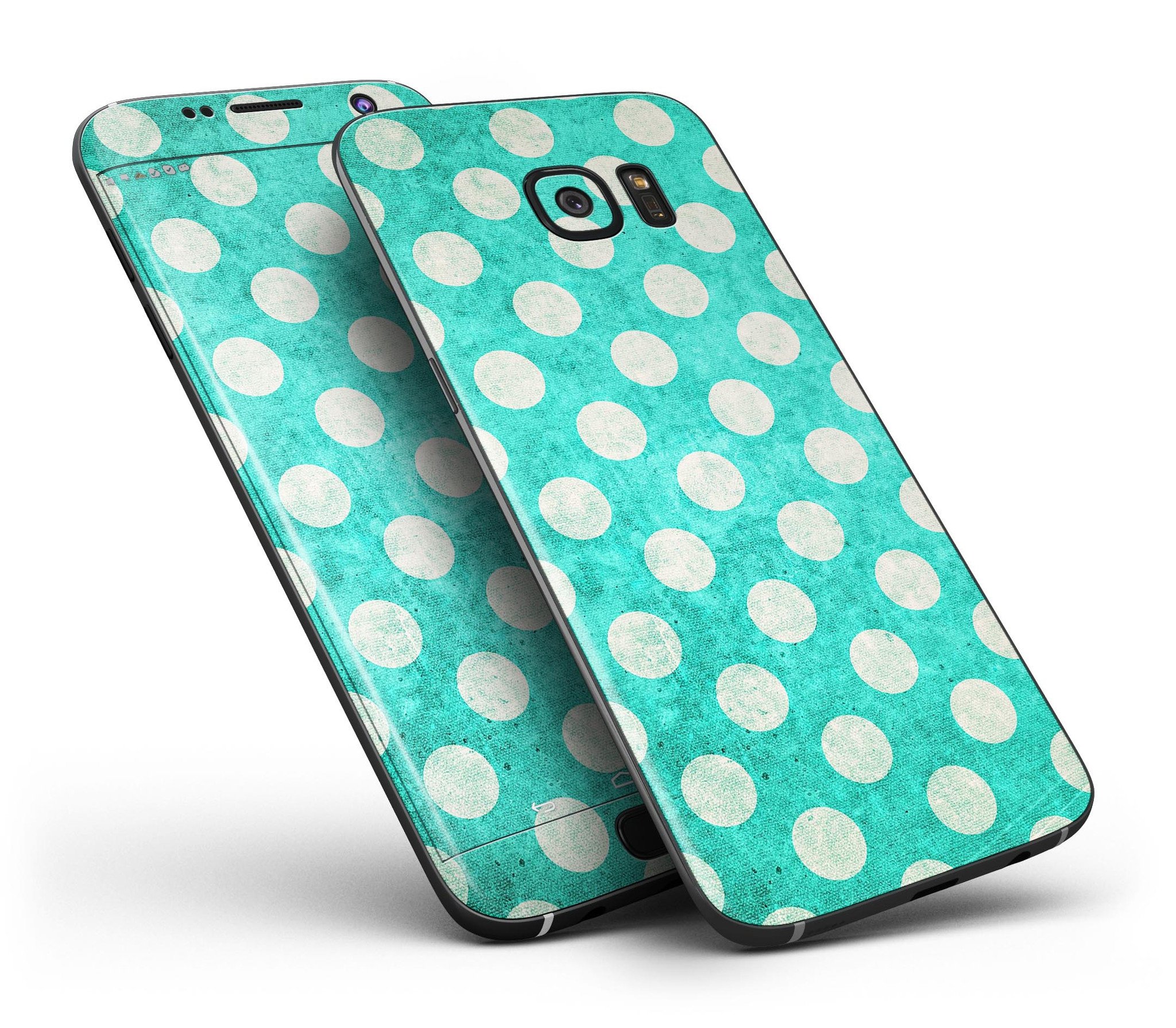 Grungy teal and white polka dots full body skin kit for Samsung Galaxy S7 and S7 Edge, showcasing vibrant colors and stylish design.