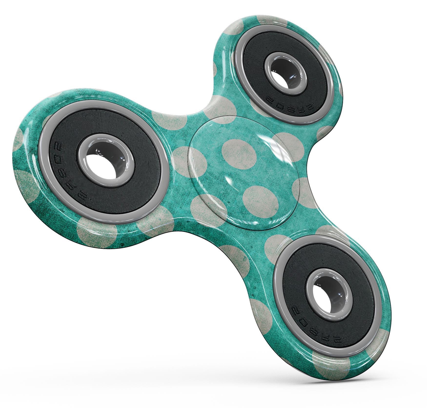 Grungy teal and white polka dots full-body skin kit for fidget spinner, showcasing vibrant colors and unique design.