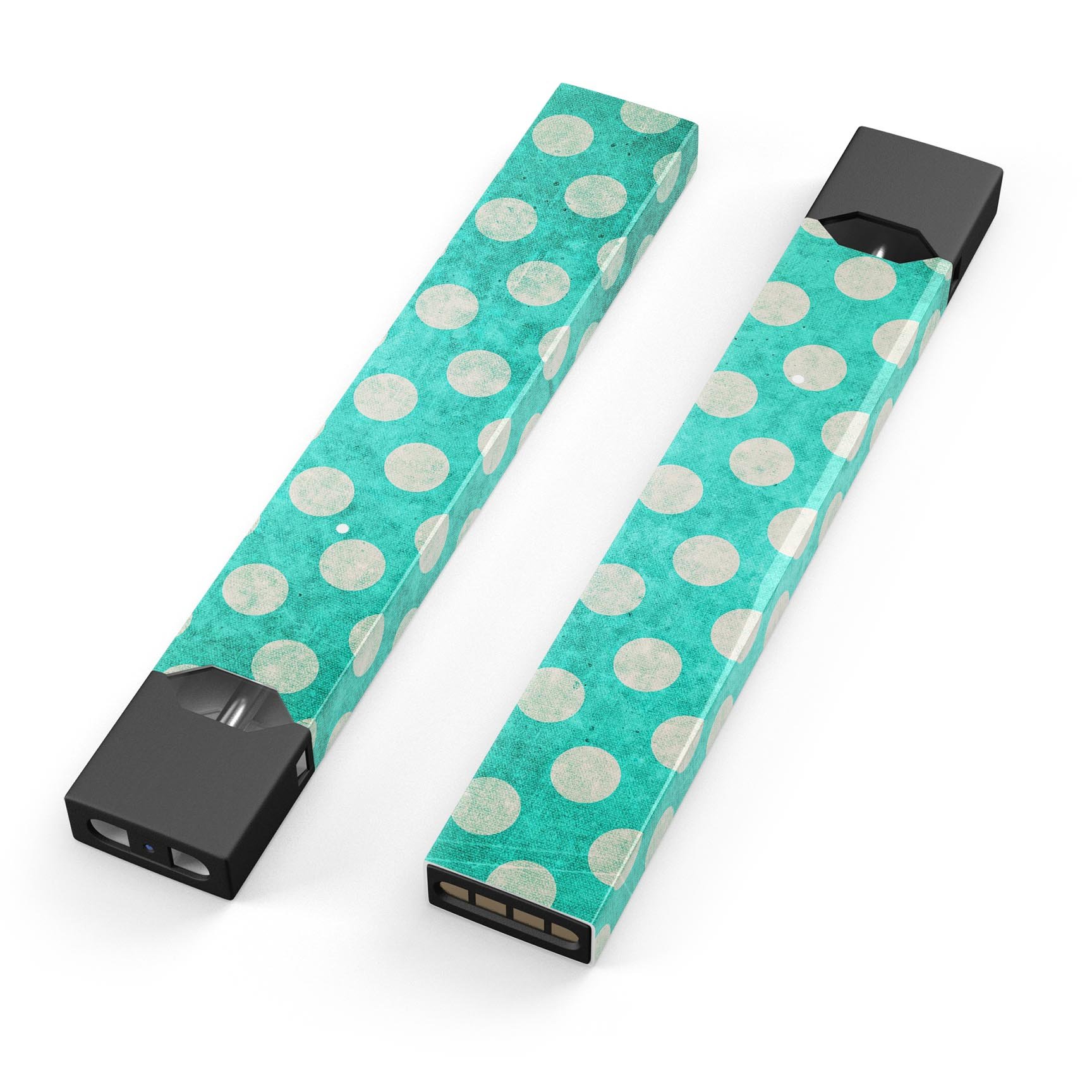 Grungy teal and white polka dots skin-wrap for JUUL vaping device, showcasing vibrant colors and a stylish design.