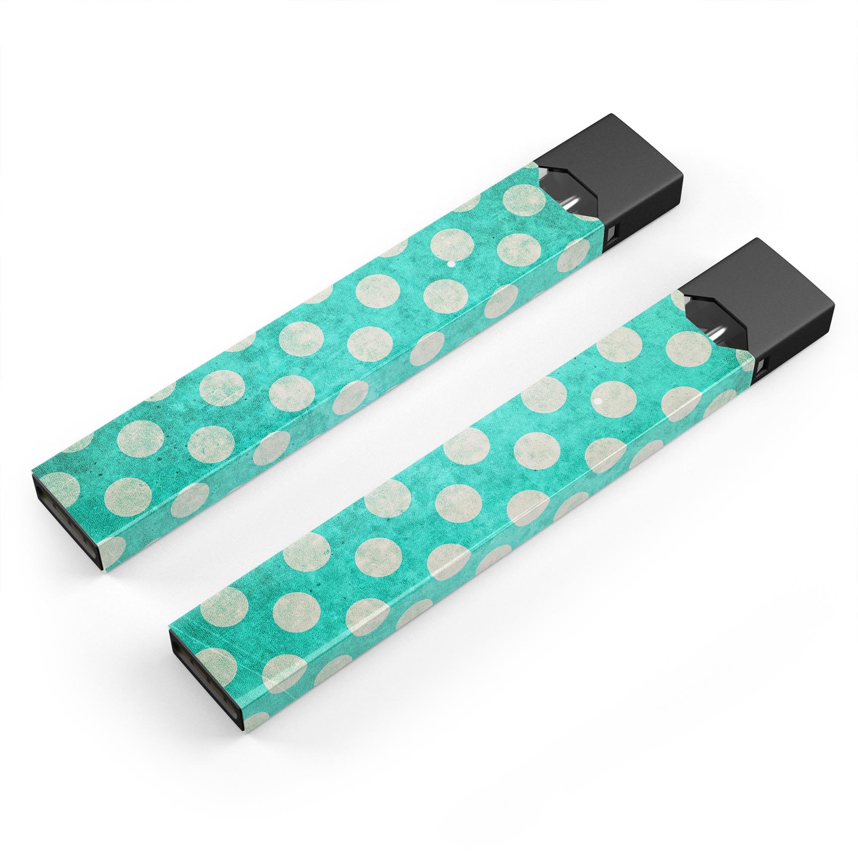 Grungy teal and white polka dots skin-wrap for JUUL vaping device, showcasing vibrant colors and a stylish design.