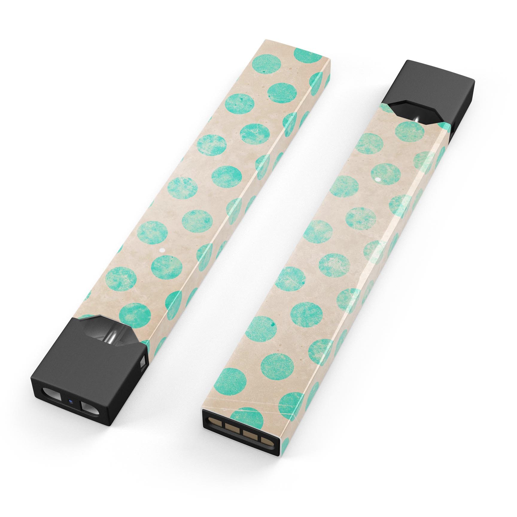Grungy Teal Polka Dots skin-wrap sticker designed for JUUL vaping device, showcasing vibrant colors and unique polka dot pattern.