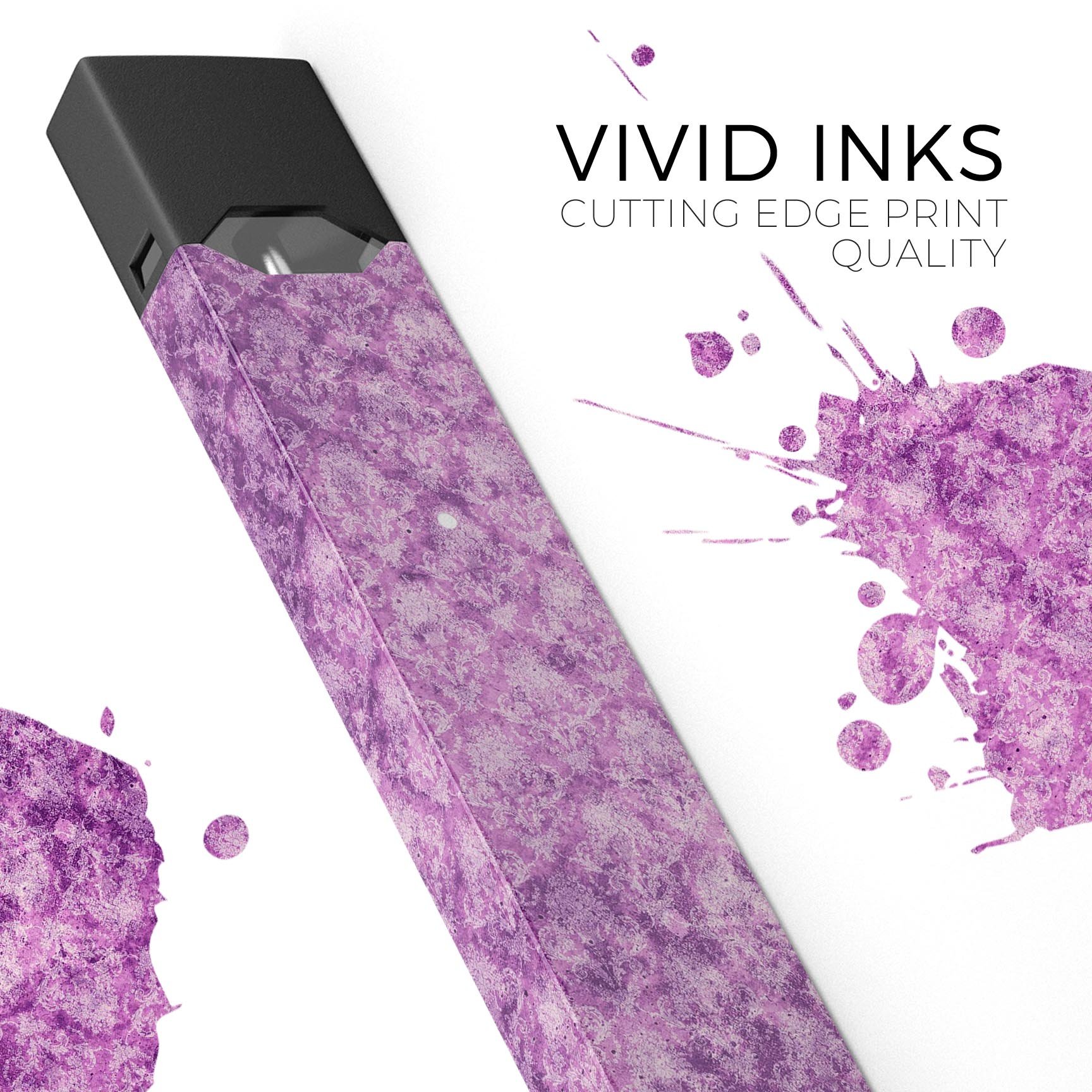 Grungy Violet Damask Pattern skin-wrap for JUUL device, showcasing vibrant colors and intricate design.