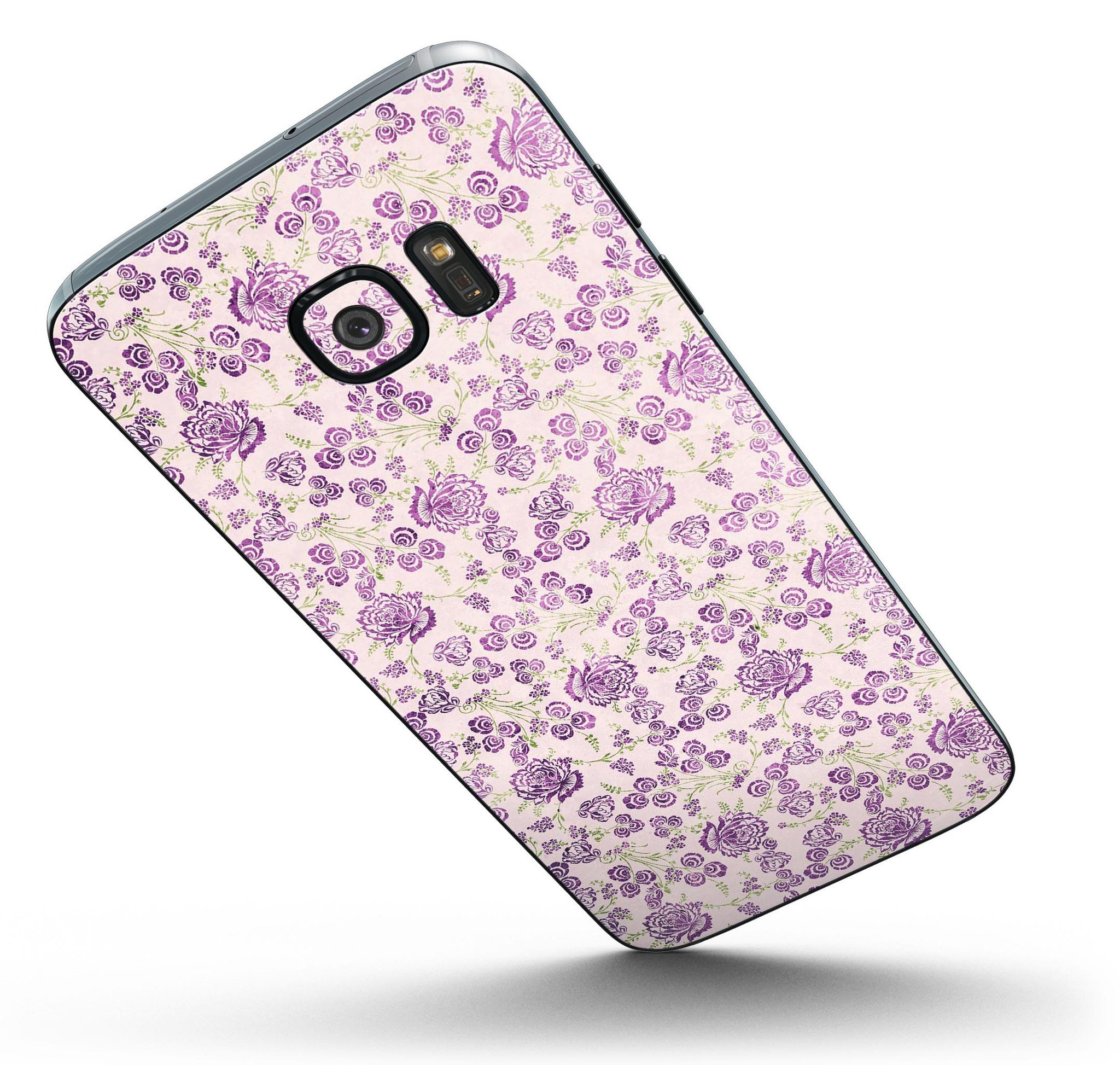 Grungy Violet Wildflower Pattern Skin-Kit for Samsung Galaxy S7/S7 Edge, showcasing vibrant floral design.