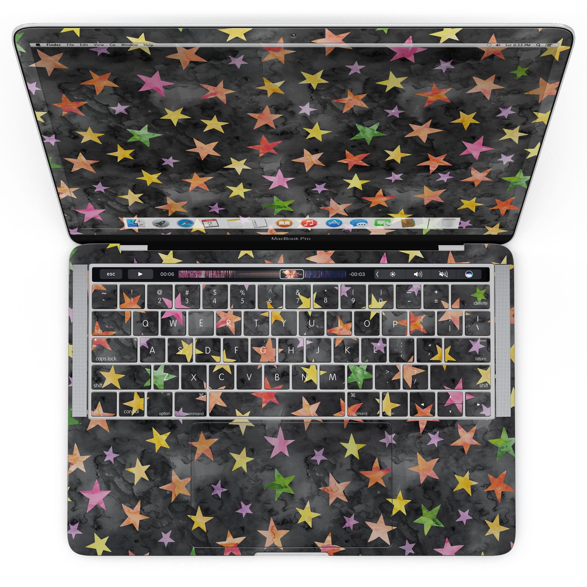 Halloween Color Stars skin kit for MacBook Pro with Touch Bar, featuring vibrant star designs on a premium vinyl material.