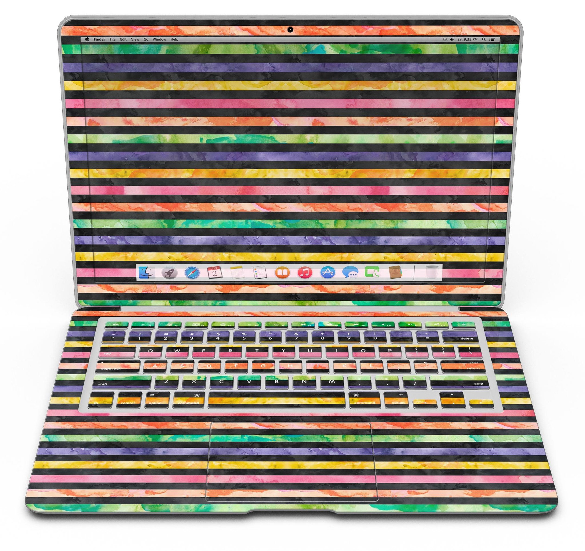 Halloween Color Stripes MacBook Air Skin Kit showcasing vibrant colors and patterns designed for style and protection.