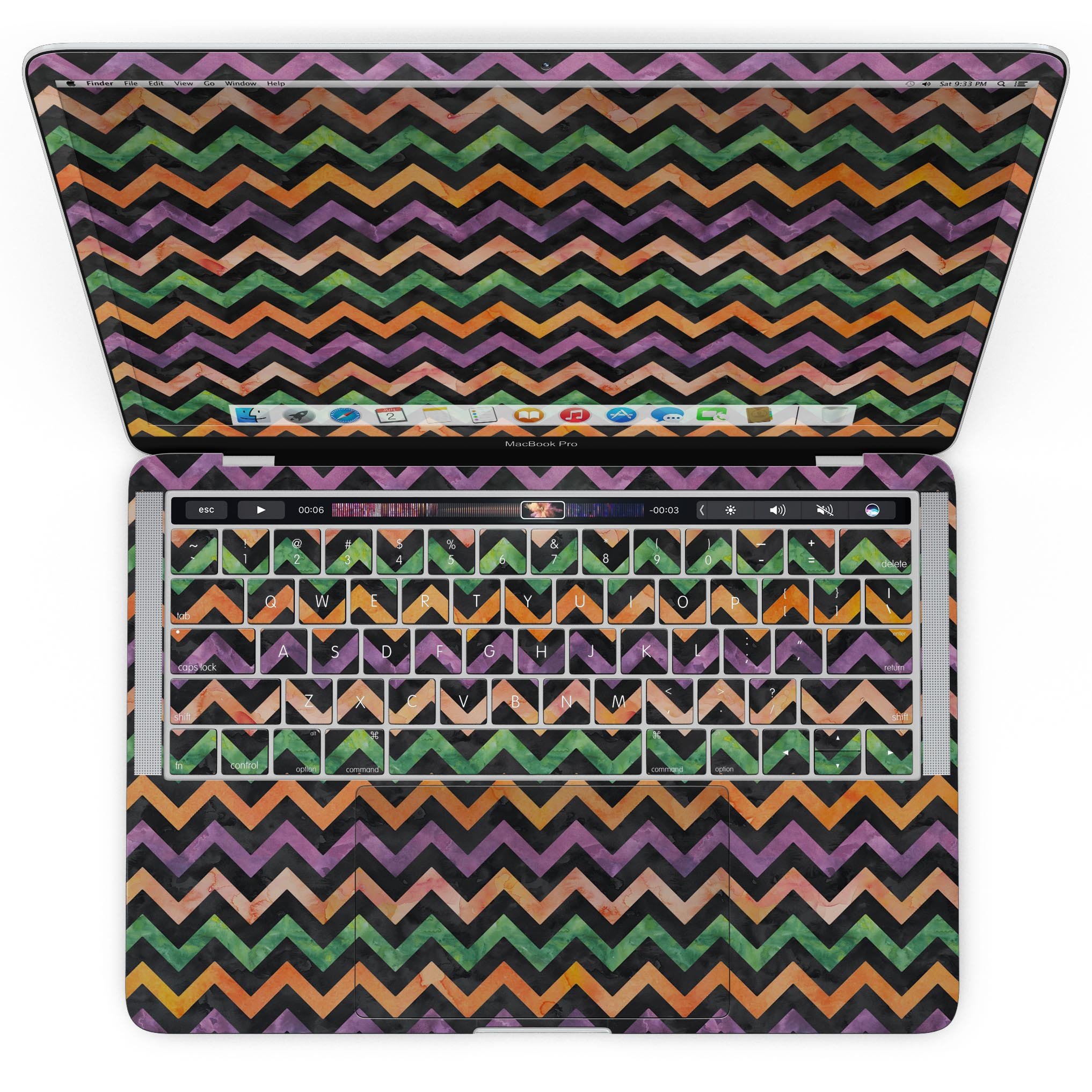 Halloween Watercolor Chevron Pattern skin for MacBook Pro with Touch Bar, showcasing vibrant colors and stylish design.