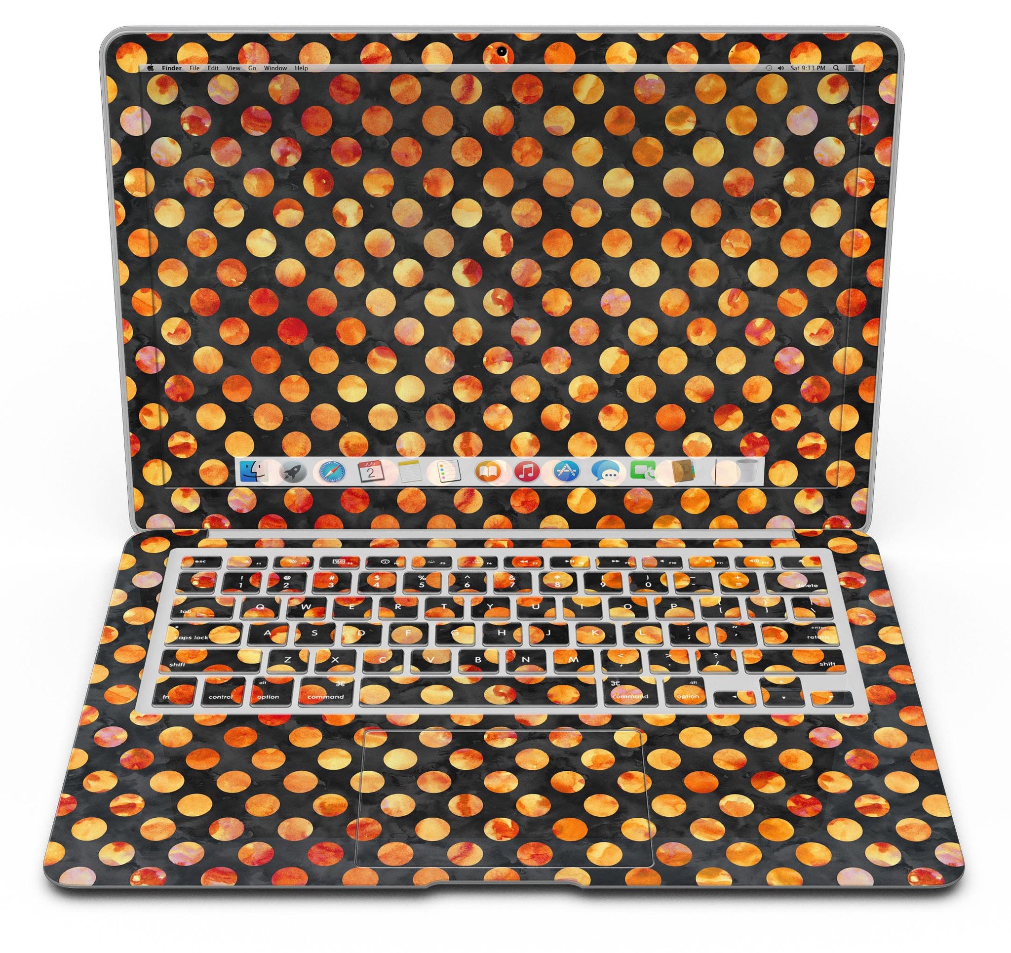 Halloween Watercolor Dots skin for MacBook Air, showcasing vibrant colors and unique patterns for stylish protection.