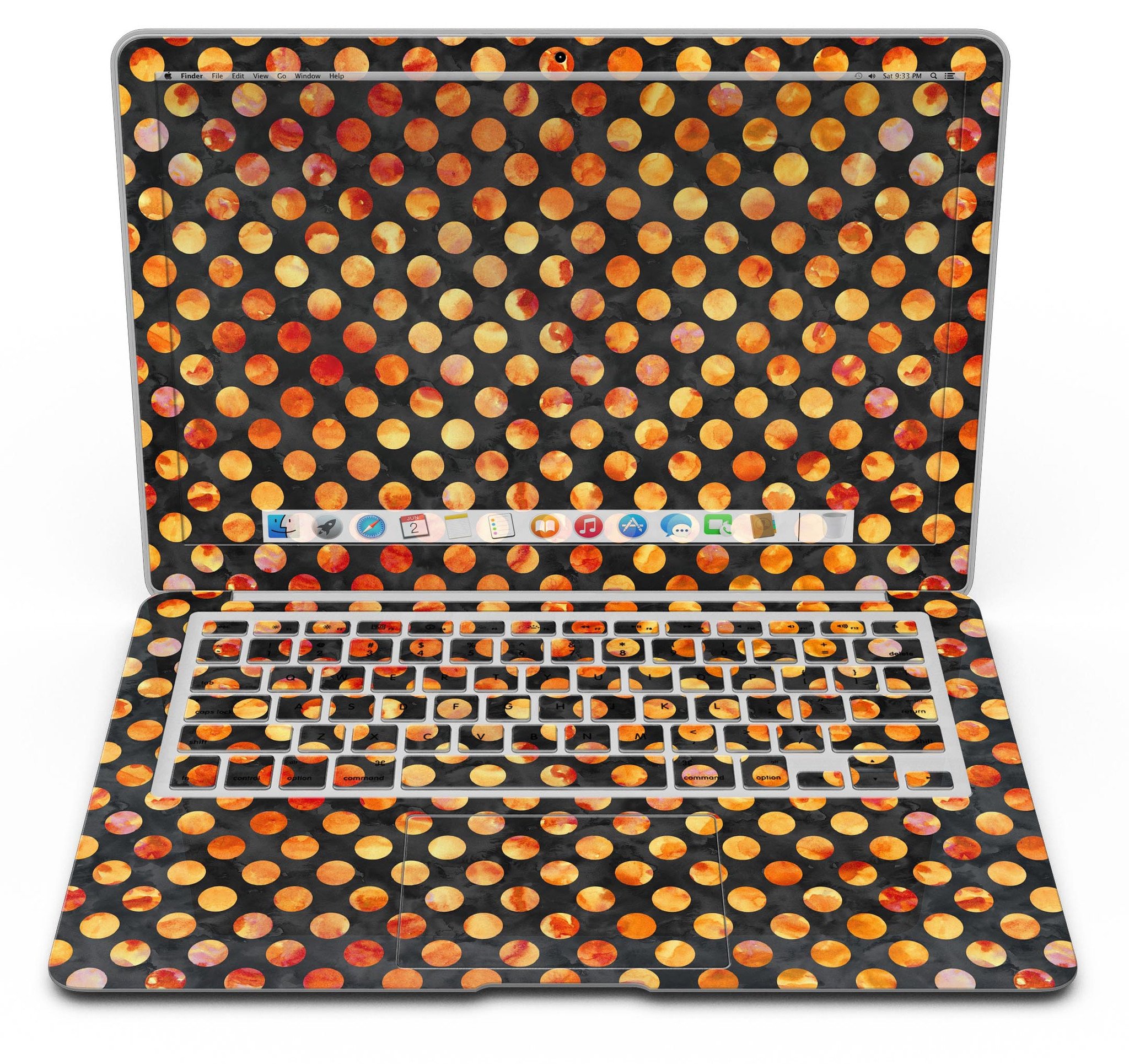 Halloween Watercolor Dots skin for MacBook Air, showcasing vibrant colors and unique patterns for stylish protection.