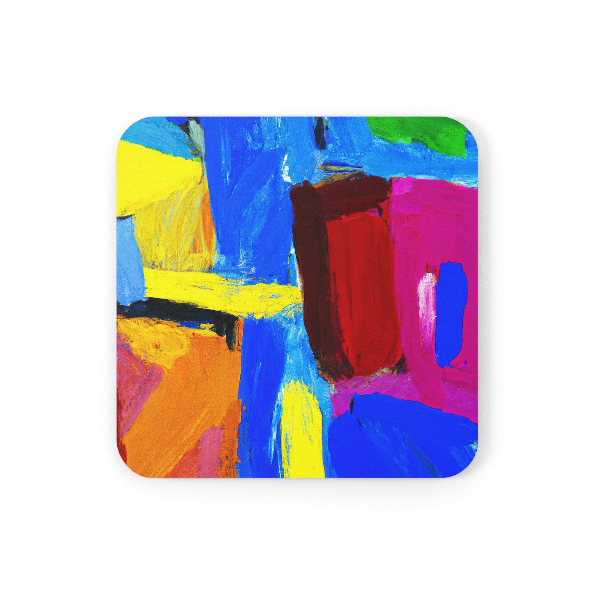Handcrafted Square Coaster Set of 4 featuring a blue-red abstract pattern, made from absorbent neoprene rubber with cork backing.