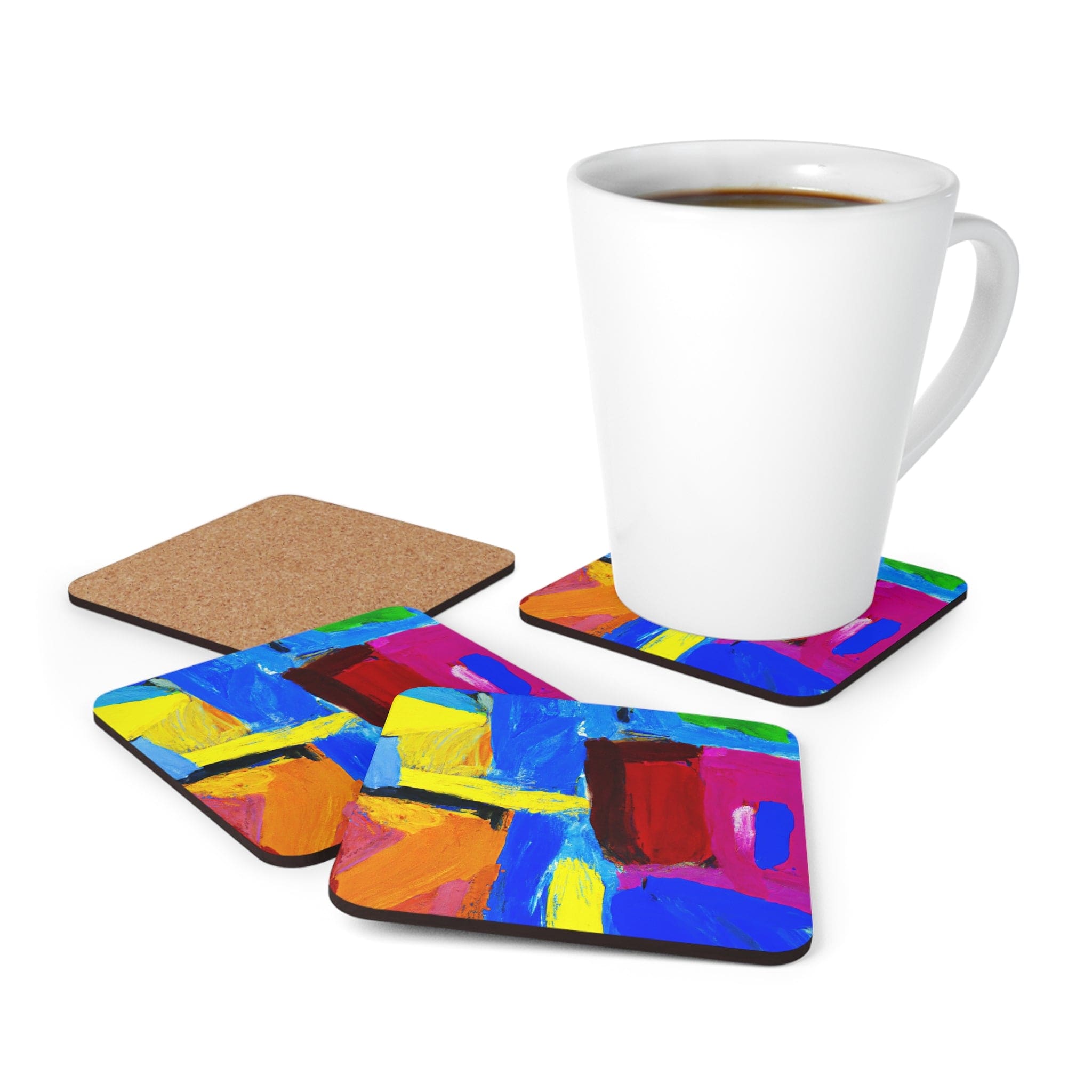 Handcrafted Square Coaster Set of 4 featuring a blue-red abstract pattern, made from absorbent neoprene rubber with cork backing.