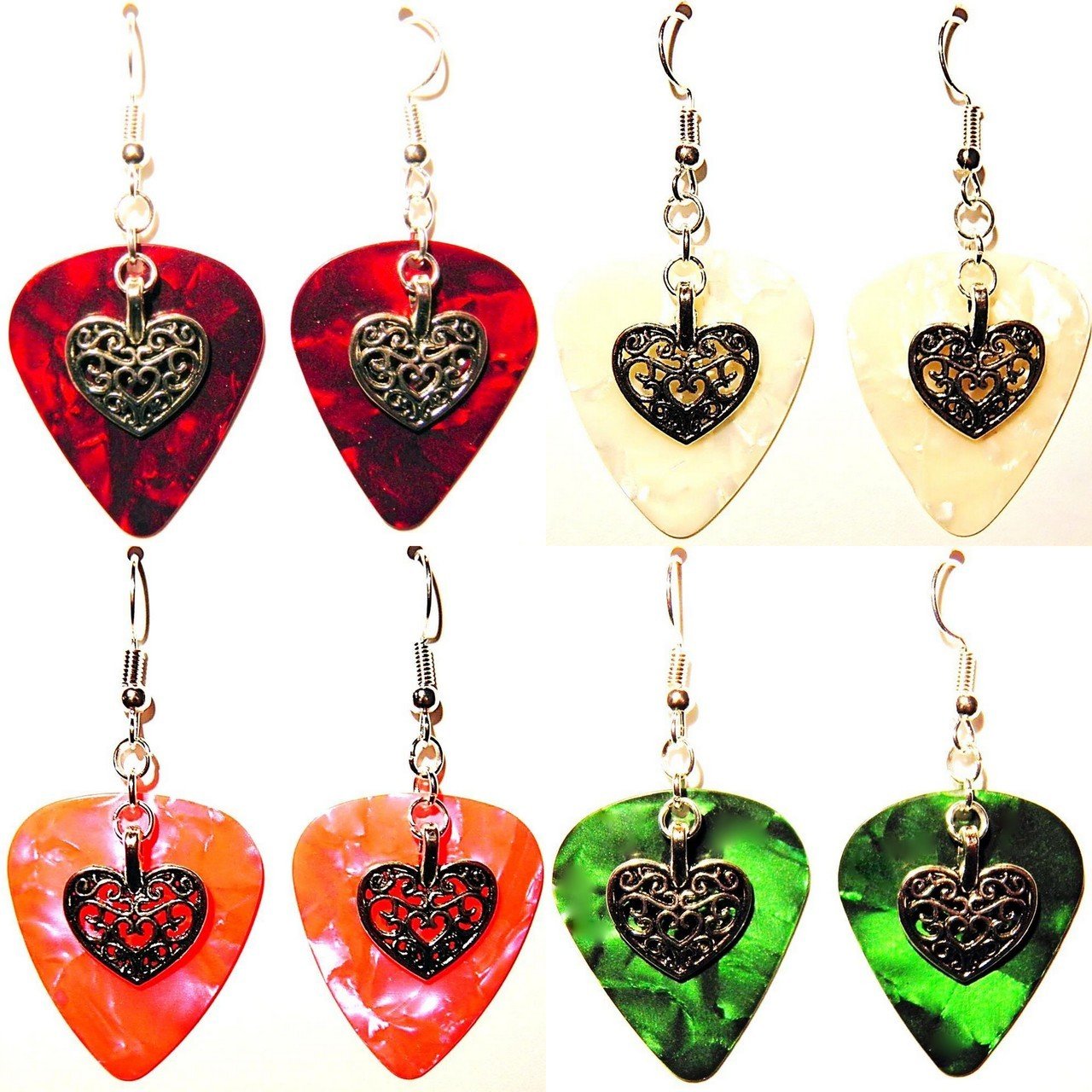 Colorful handmade guitar pick dangle earrings with sterling silver hooks, showcasing a unique and fun design.