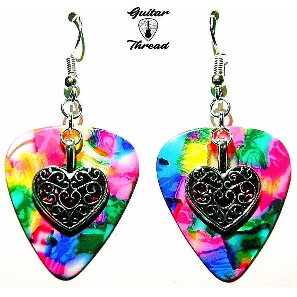 Colorful handmade guitar pick dangle earrings with sterling silver hooks, showcasing a unique and fun design.