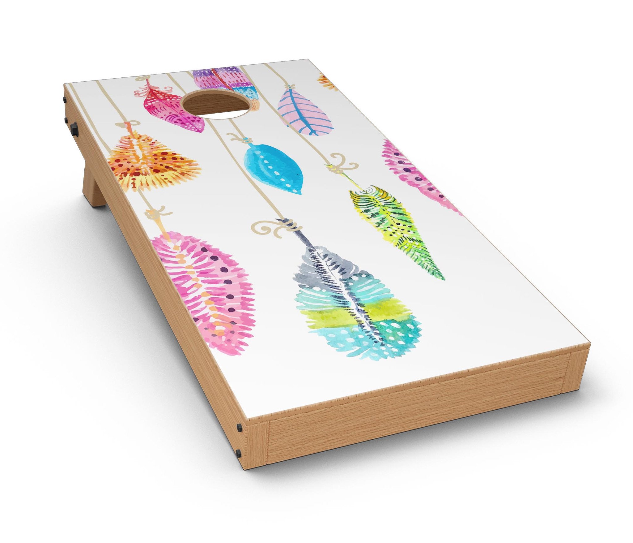 Hanging Feathers Cornhole Board Skin Decal Kit showcasing vibrant feather designs on a Cornhole board.