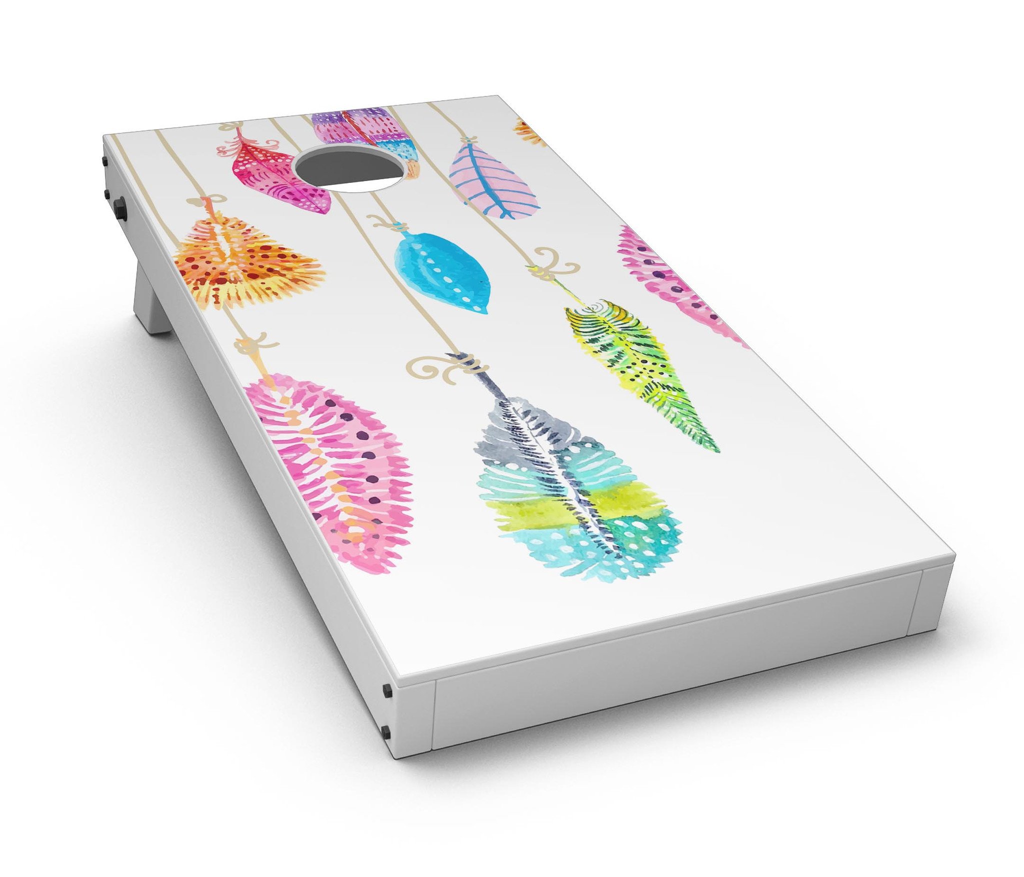 Hanging Feathers Cornhole Board Skin Decal Kit showcasing vibrant feather designs on a Cornhole board.