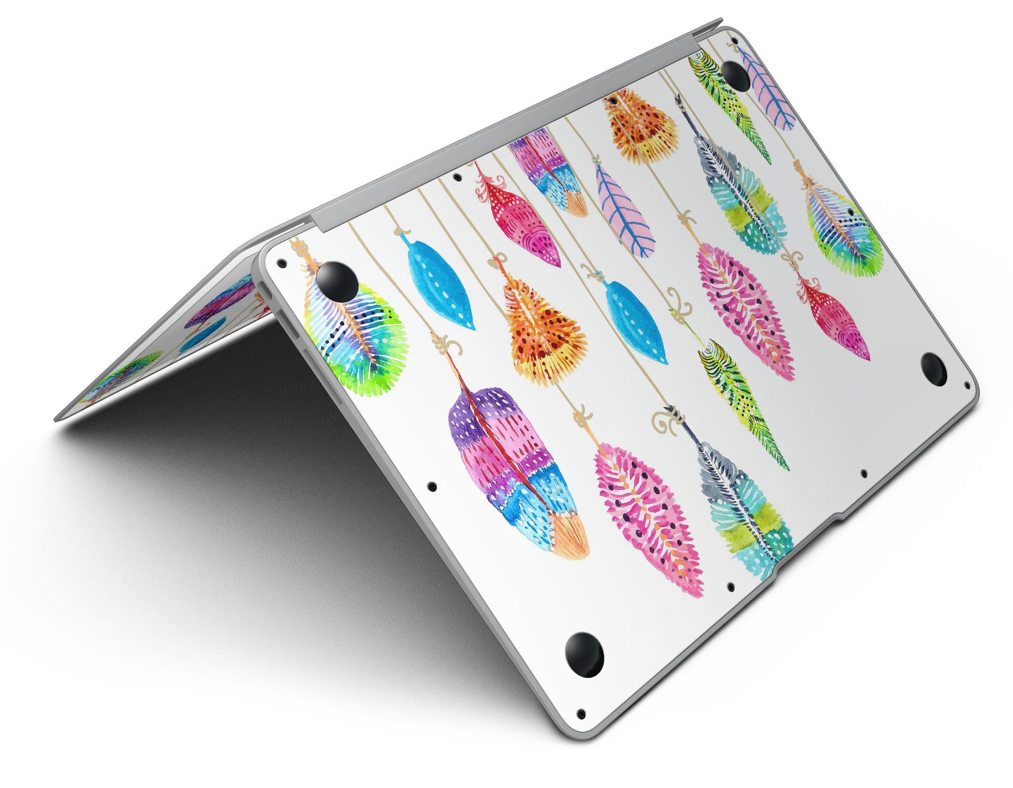 Hanging Feathers MacBook Air Skin Kit showcasing vibrant feather design on a sleek MacBook Air.