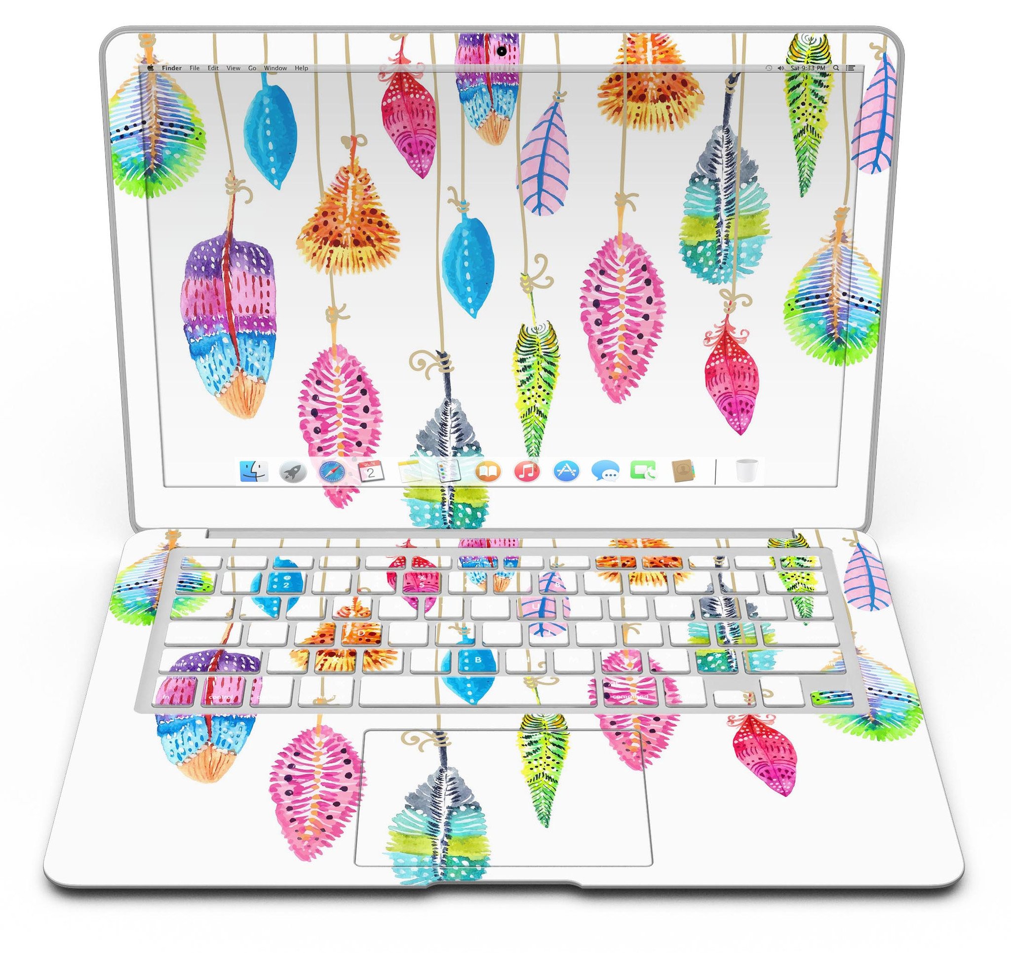 Hanging Feathers MacBook Air Skin Kit showcasing vibrant feather design on a sleek MacBook Air.