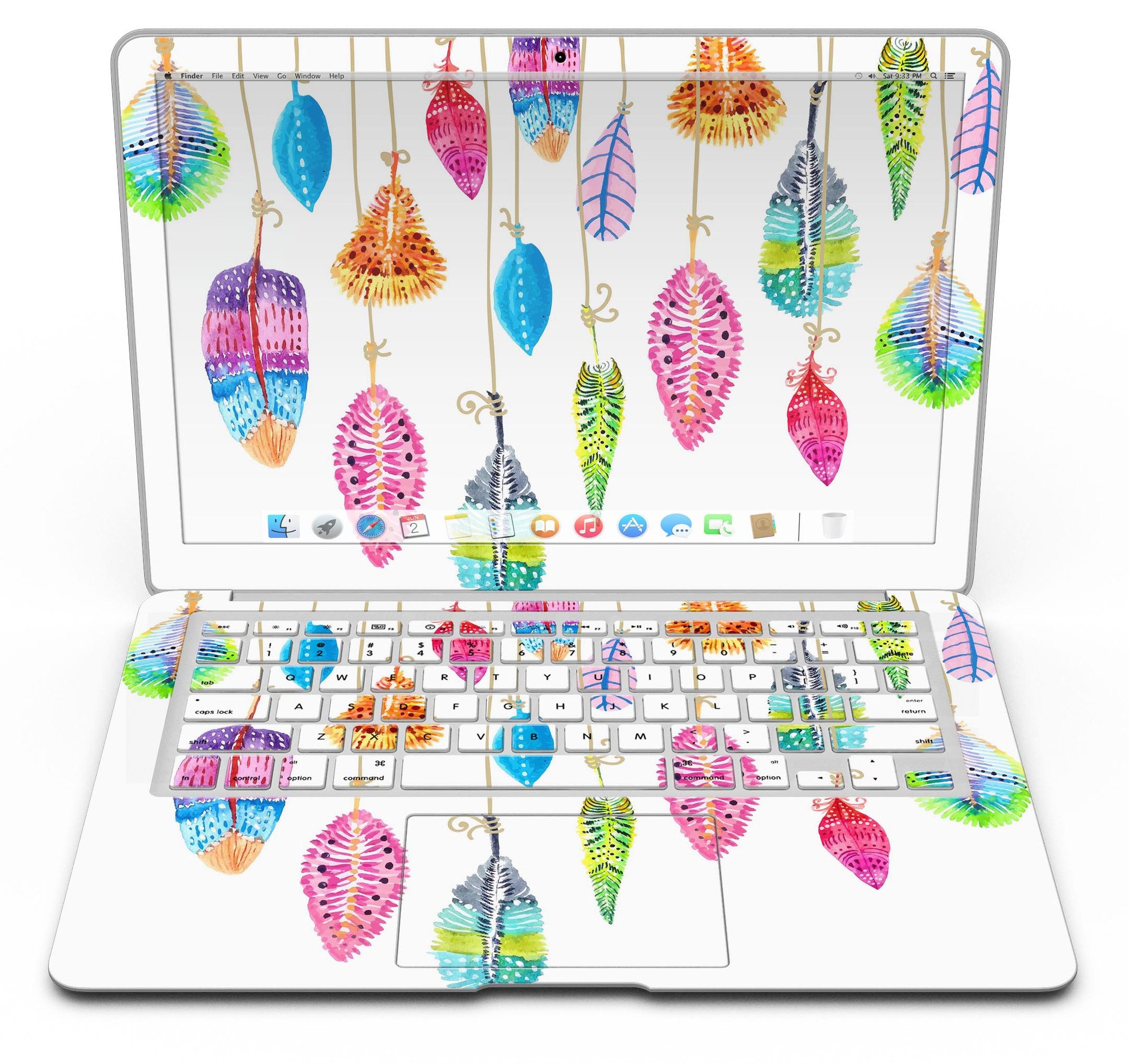 Hanging Feathers MacBook Air Skin Kit showcasing vibrant feather design on a sleek MacBook Air.