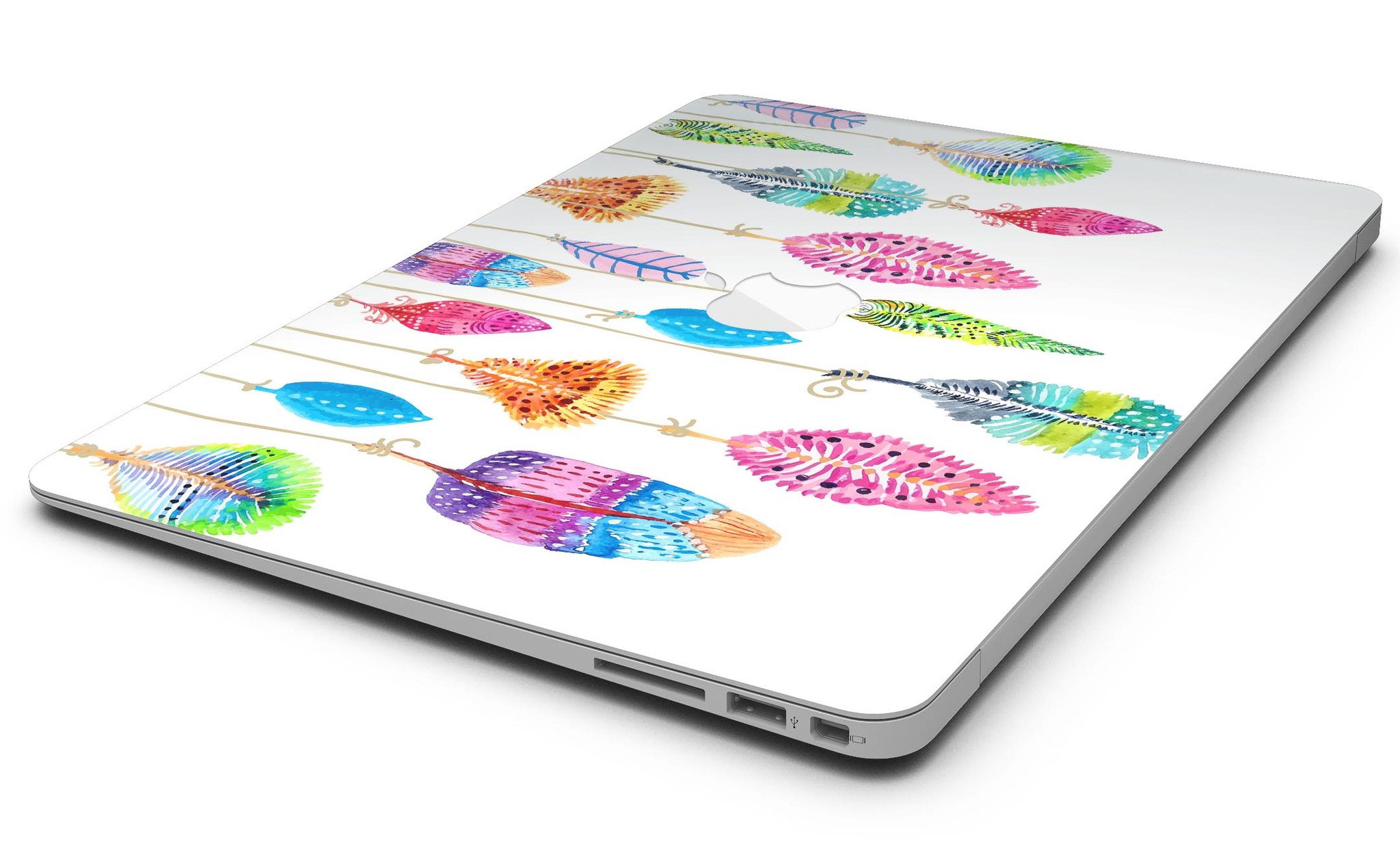 Hanging Feathers MacBook Air Skin Kit showcasing vibrant feather design on a sleek MacBook Air.