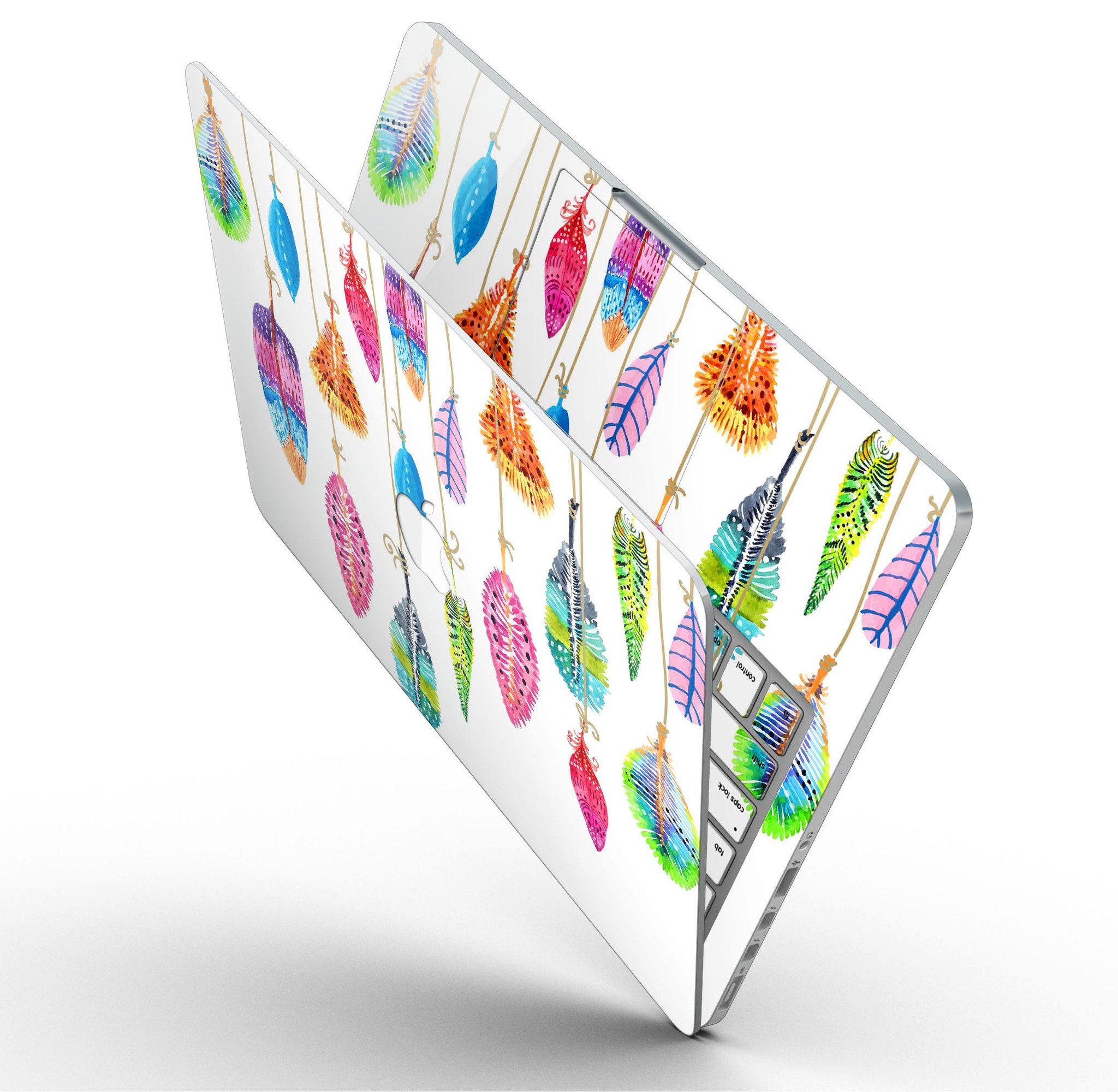 Hanging Feathers full-coverage skin for MacBook Pro with Retina Display, showcasing vibrant feather design on premium vinyl.