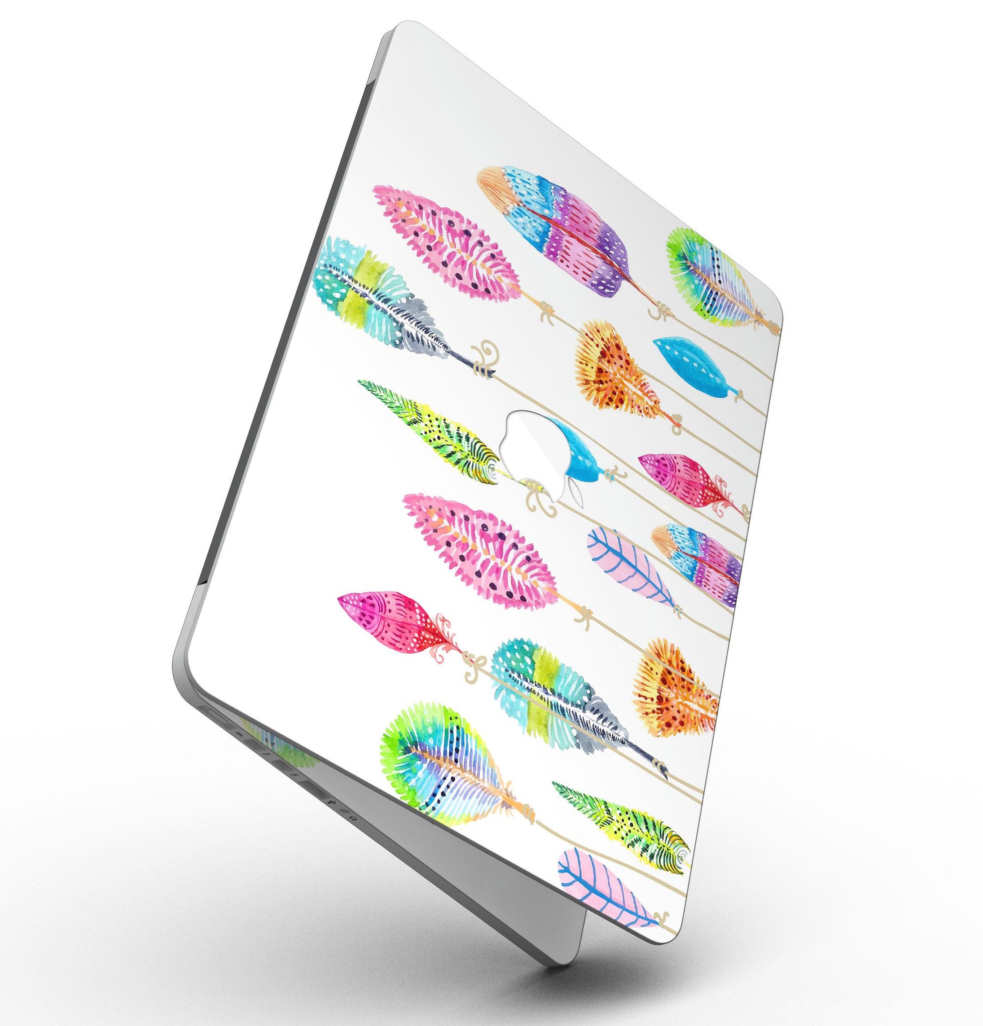 Hanging Feathers full-coverage skin for MacBook Pro with Retina Display, showcasing vibrant feather design on premium vinyl.