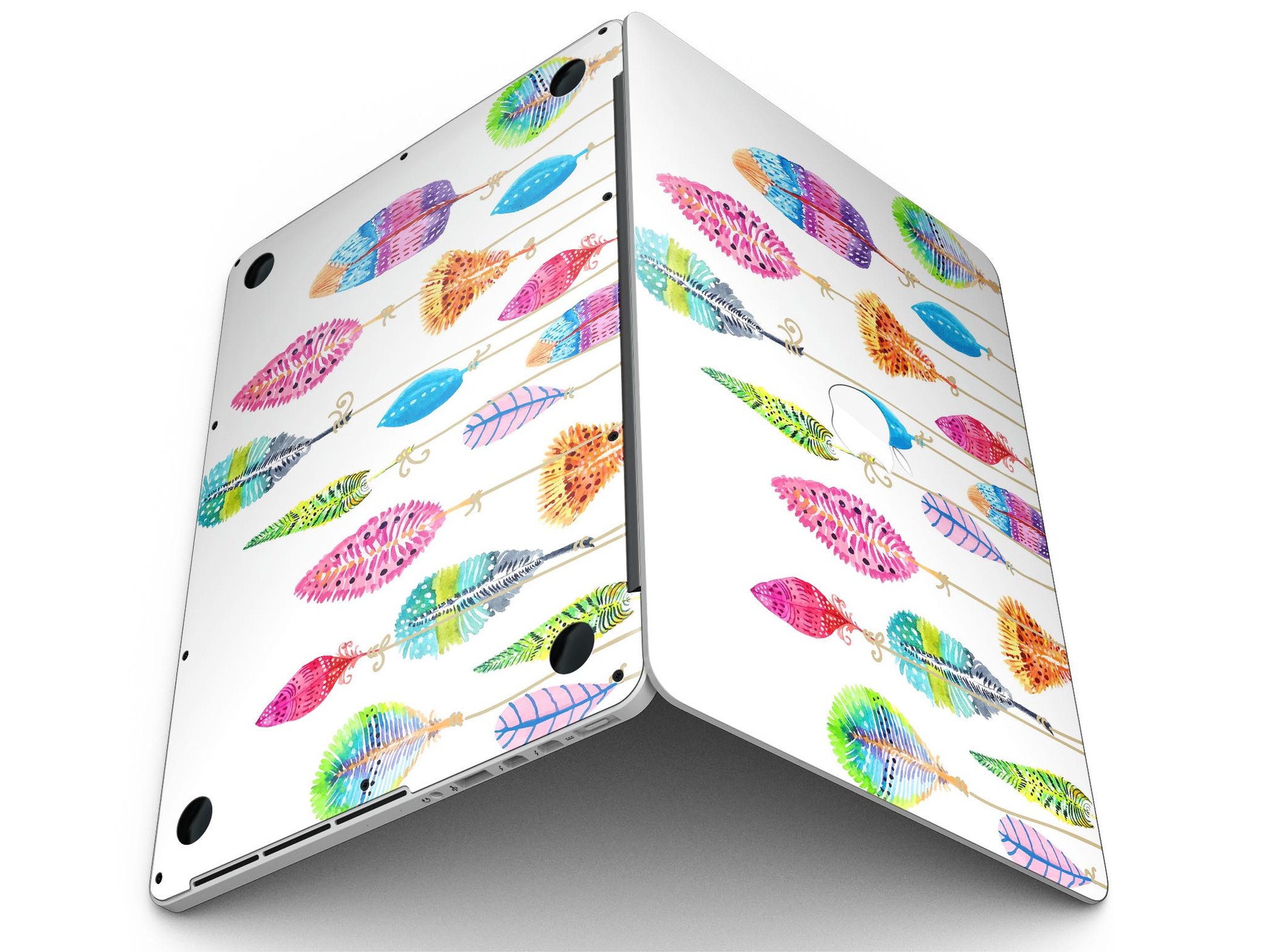 Hanging Feathers full-coverage skin for MacBook Pro with Retina Display, showcasing vibrant feather design on premium vinyl.
