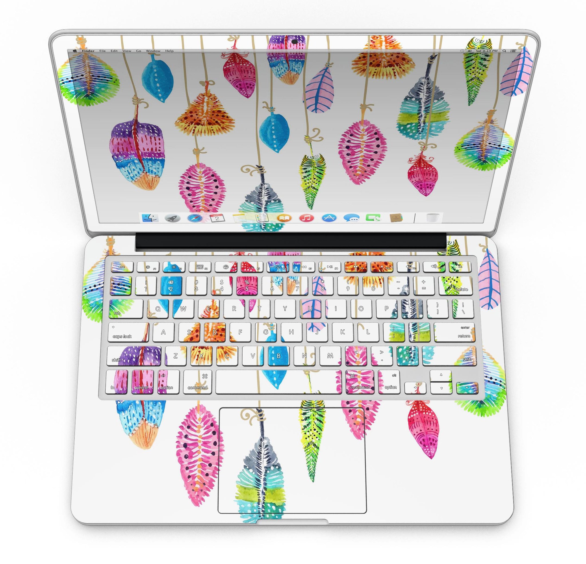 Hanging Feathers full-coverage skin for MacBook Pro with Retina Display, showcasing vibrant feather design on premium vinyl.