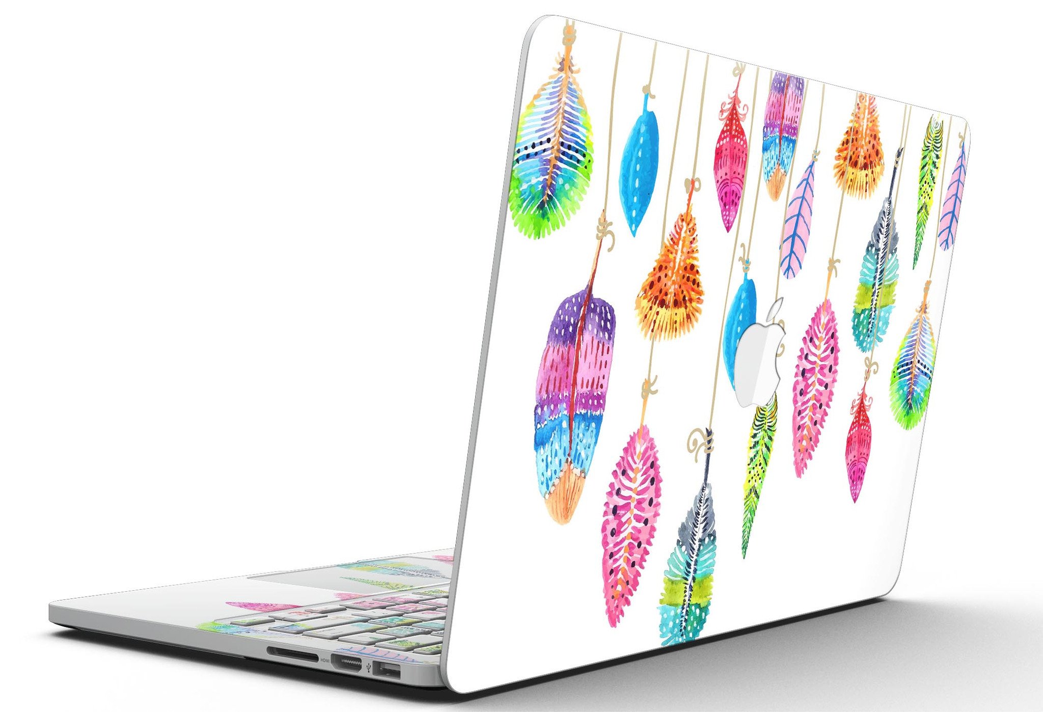 Hanging Feathers full-coverage skin for MacBook Pro with Retina Display, showcasing vibrant feather design on premium vinyl.