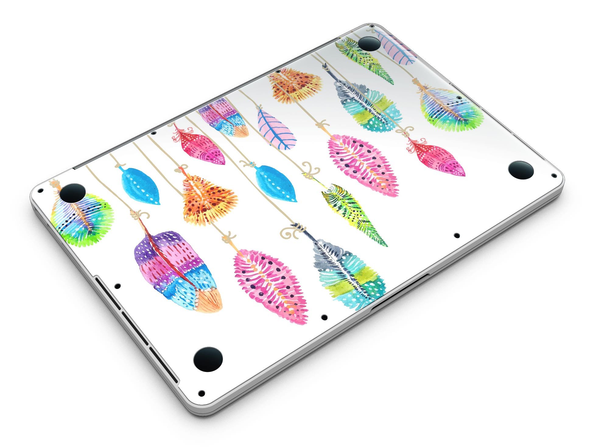Hanging Feathers full-coverage skin for MacBook Pro with Retina Display, showcasing vibrant feather design on premium vinyl.