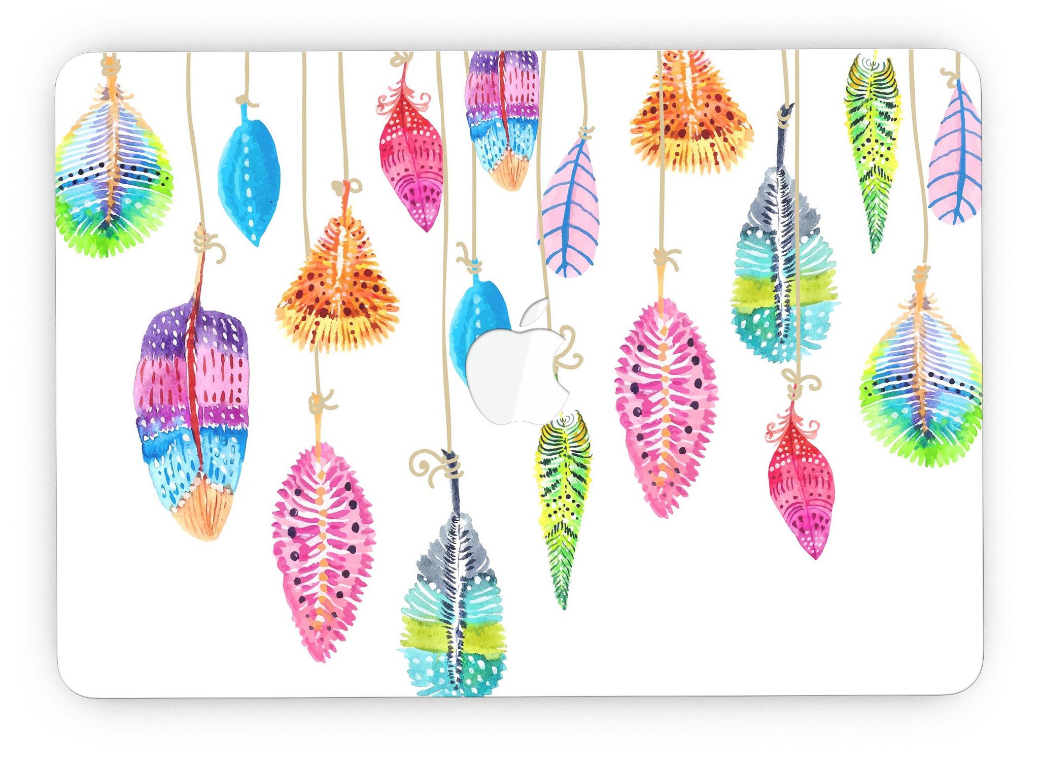 Hanging Feathers full-coverage skin for MacBook Pro with Retina Display, showcasing vibrant feather design on premium vinyl.