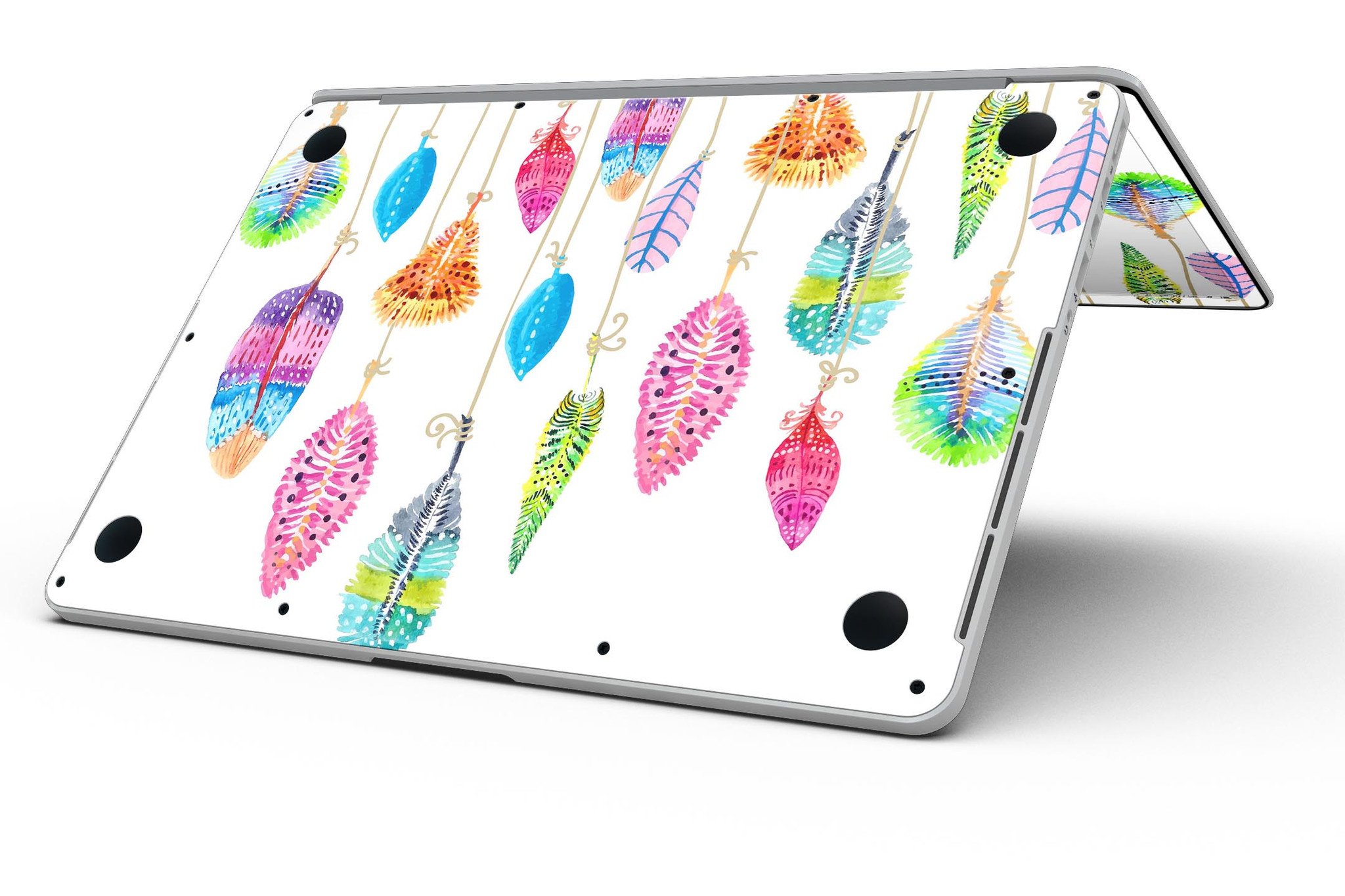 Hanging Feathers full-coverage skin for MacBook Pro with Retina Display, showcasing vibrant feather design on premium vinyl.