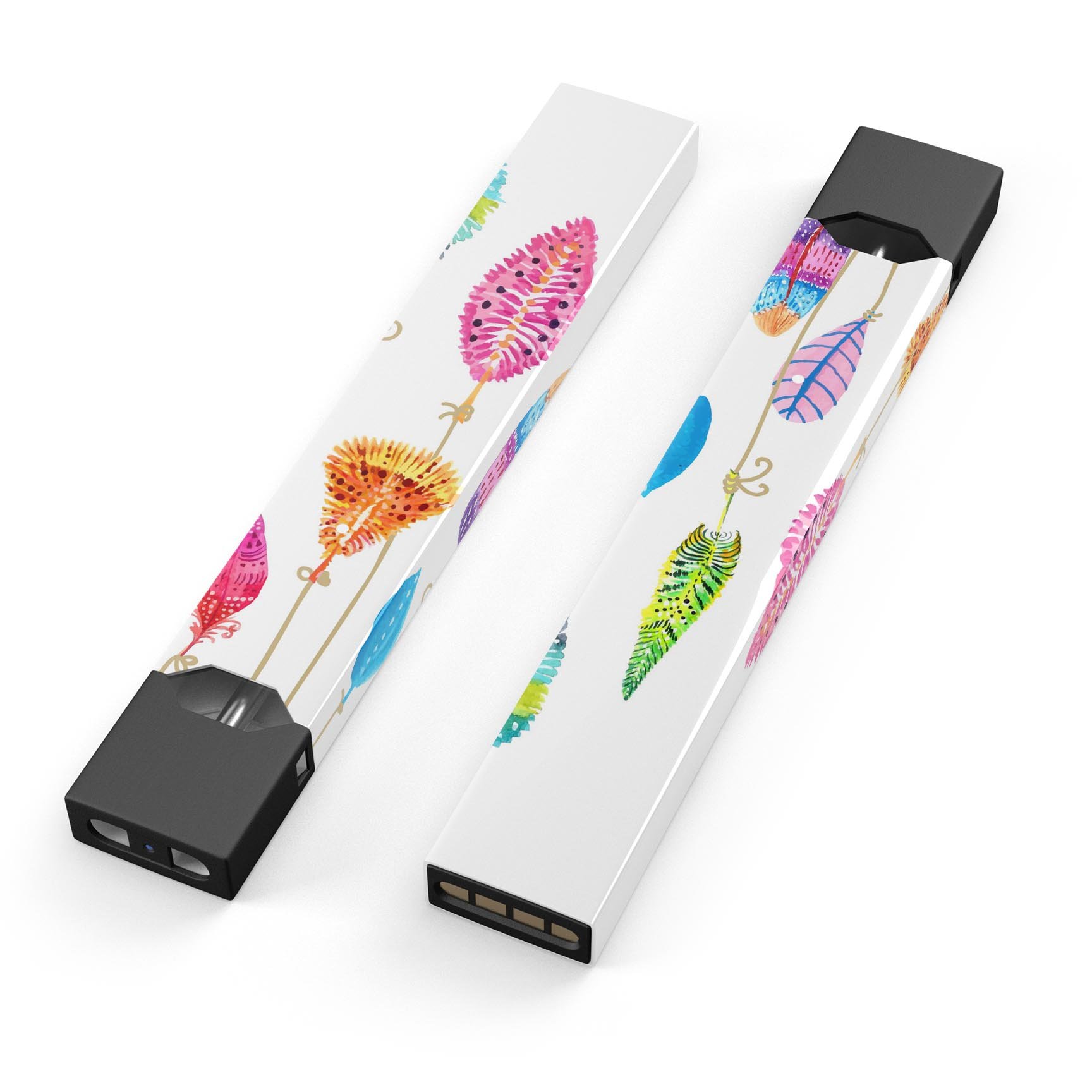 Hanging Feathers premium decal skin-wrap sticker for JUUL vaping device, showcasing vibrant feather design and protective features.
