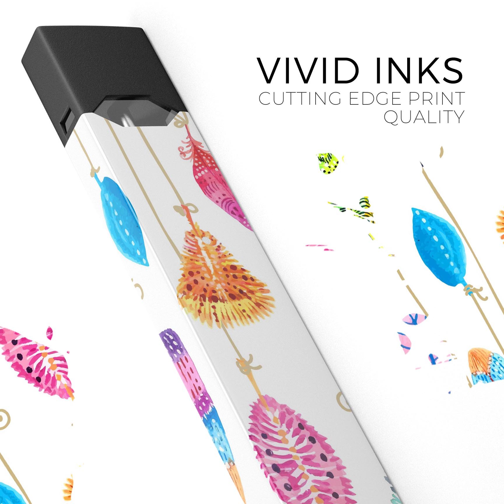 Hanging Feathers premium decal skin-wrap sticker for JUUL vaping device, showcasing vibrant feather design and protective features.