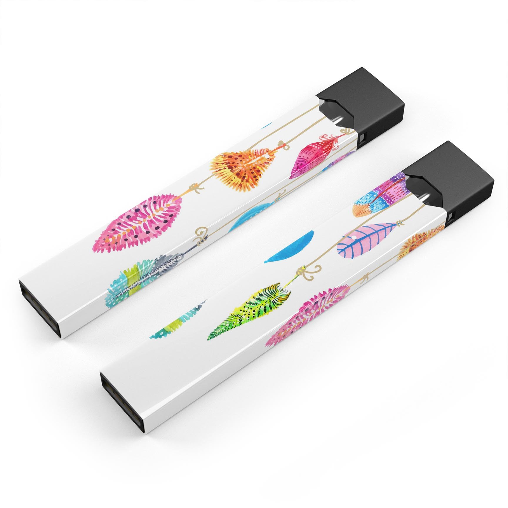Hanging Feathers premium decal skin-wrap sticker for JUUL vaping device, showcasing vibrant feather design and protective features.