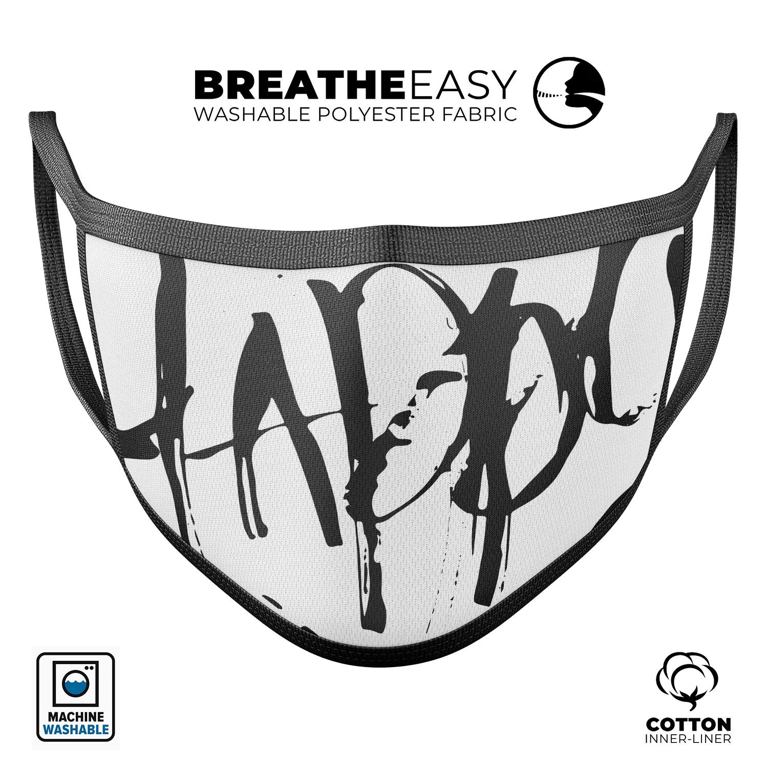 Happy Splatter mouth cover, a unisex anti-dust cotton blend mask featuring vibrant dye-sublimated designs, adjustable ear loops, and made in the USA.