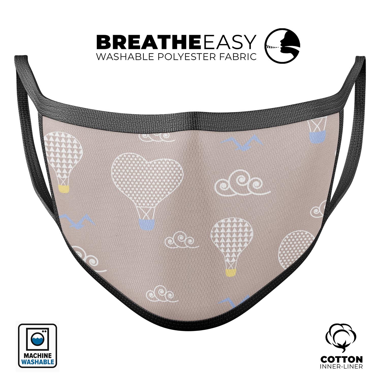 Heart Air Balloons face mask featuring blue birds, made in the USA, showcasing vibrant colors and adjustable ear loops.