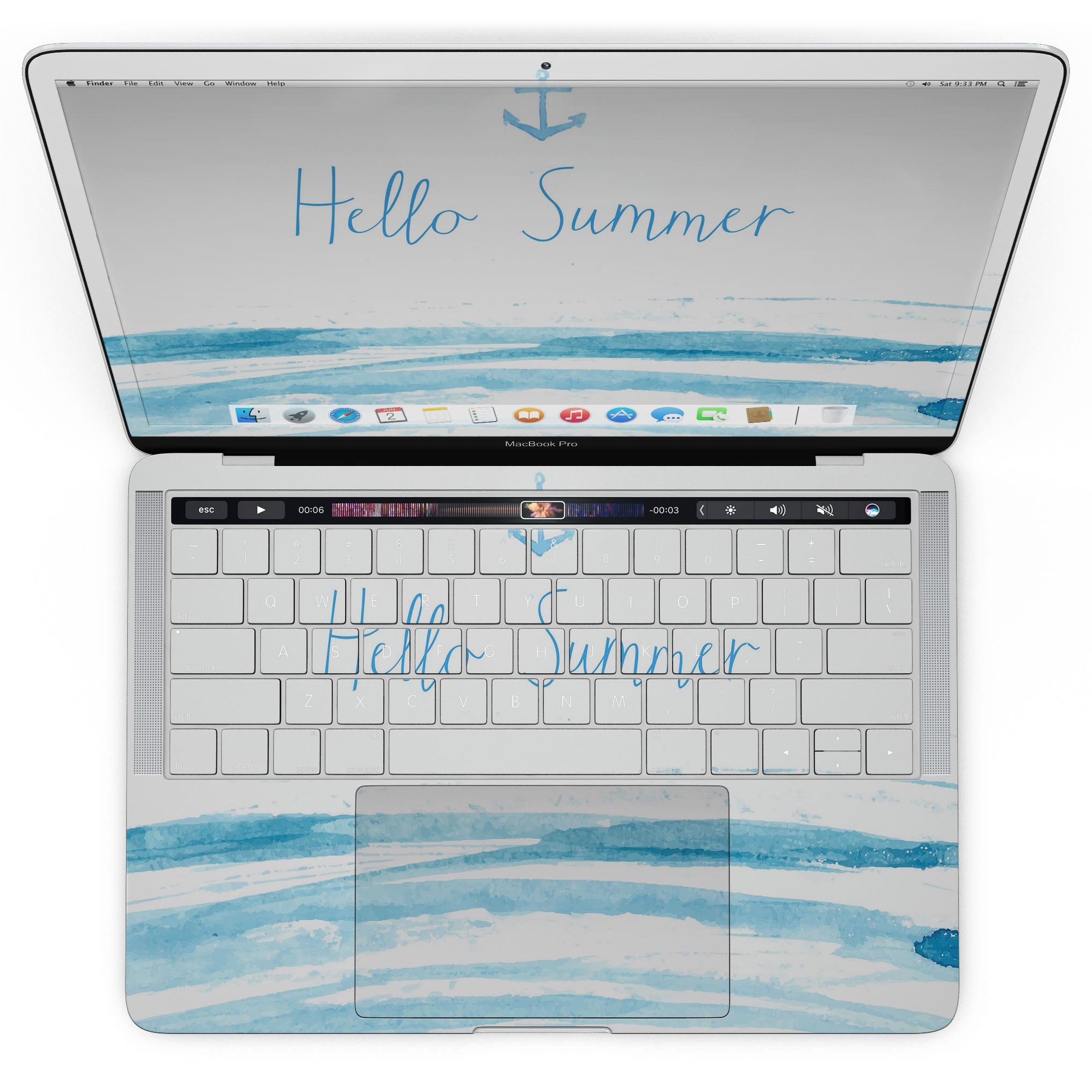 Hello Summer Anchor Watercolor Blue V1 skin for MacBook Pro with Touch Bar, featuring a vibrant watercolor design in blue tones.