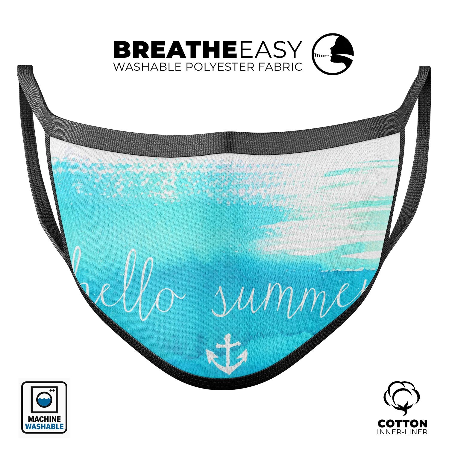 Hello Summer Blue Watercolor Anchor V2 mouth cover featuring a vibrant watercolor anchor design, made from soft cotton and adjustable ear loops.