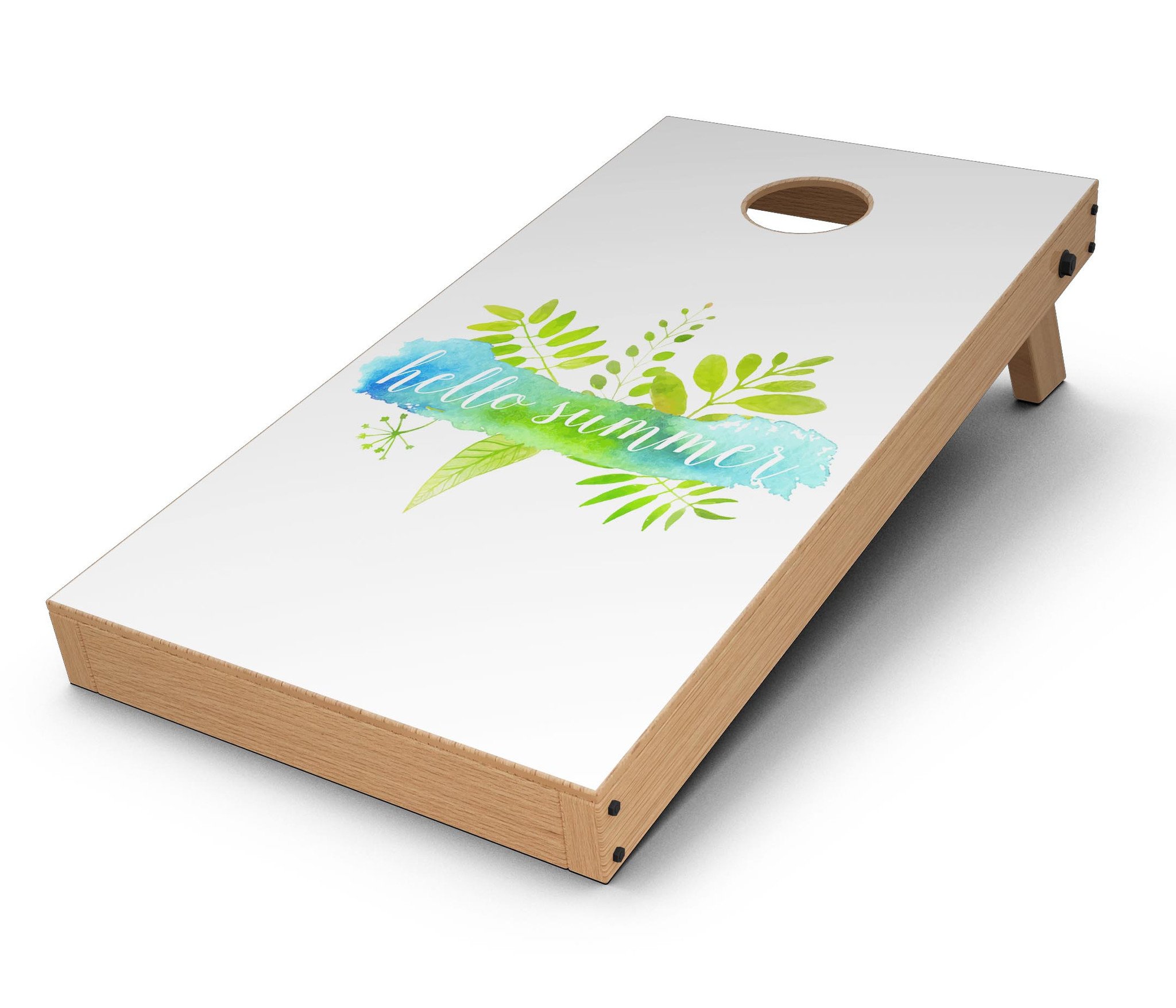Hello Summer Watercolor Branches Cornhole Board Skin Decal Kit featuring vibrant watercolor designs for summer-themed outdoor games.