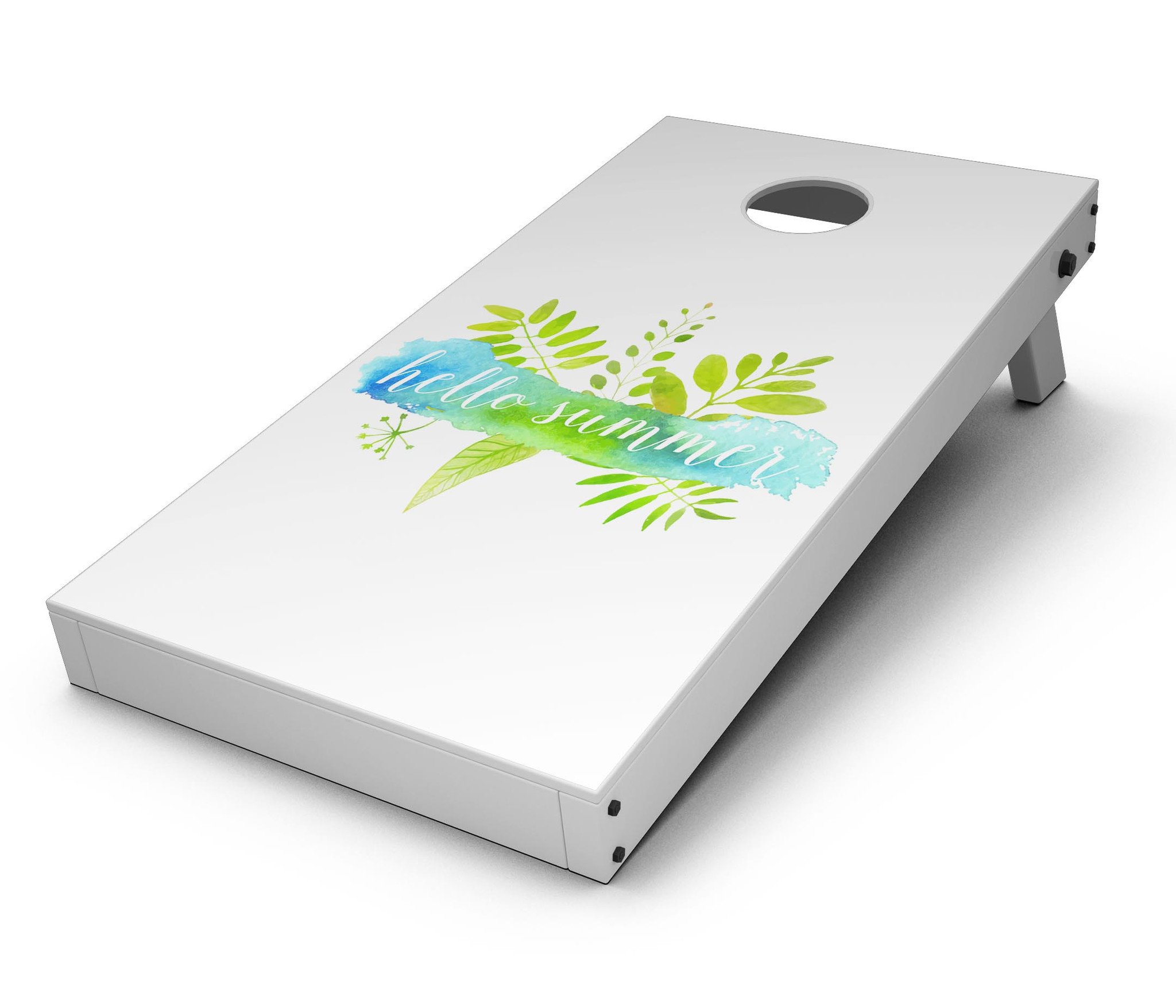Hello Summer Watercolor Branches Cornhole Board Skin Decal Kit featuring vibrant watercolor designs for summer-themed outdoor games.