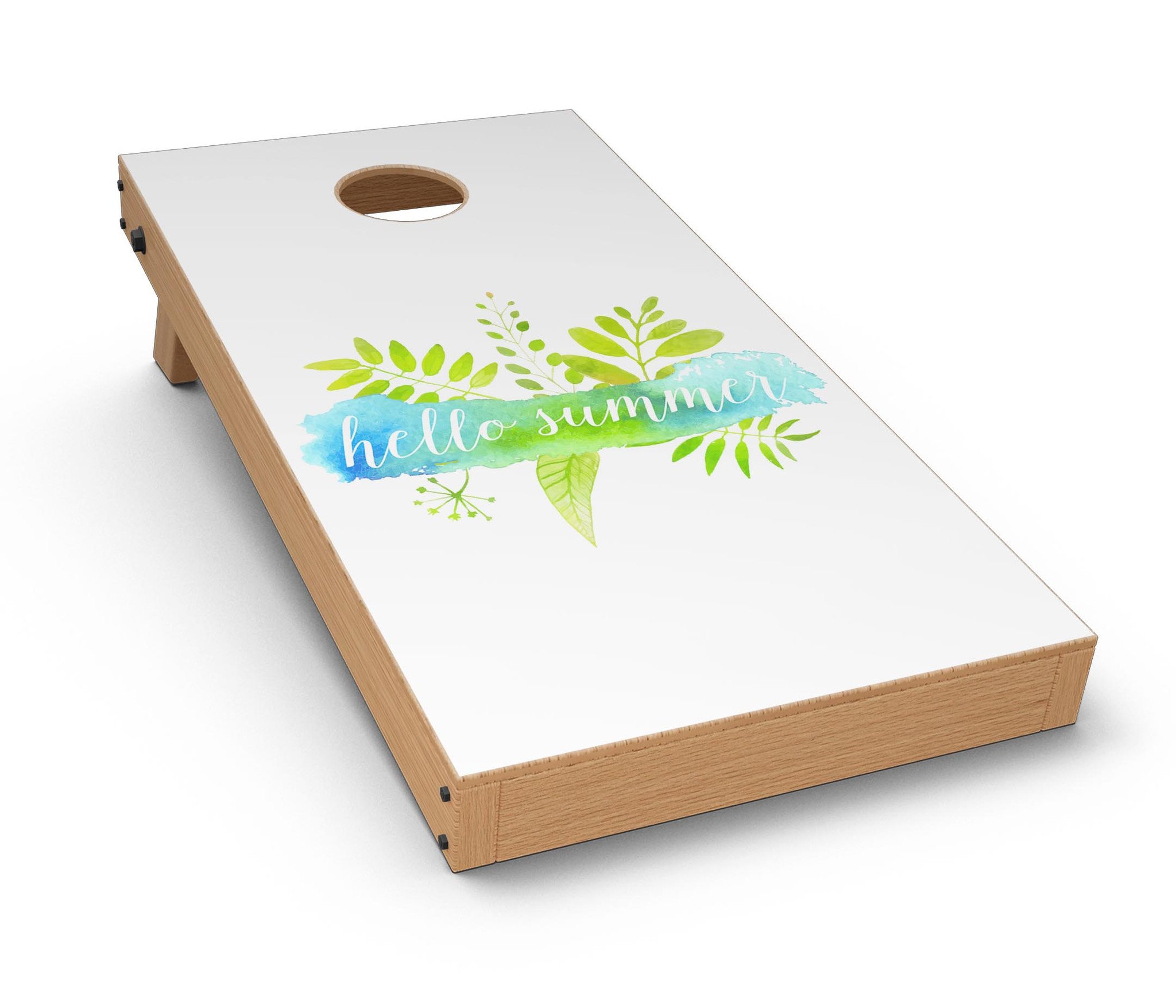 Hello Summer Watercolor Branches Cornhole Board Skin Decal Kit featuring vibrant watercolor designs for summer-themed outdoor games.