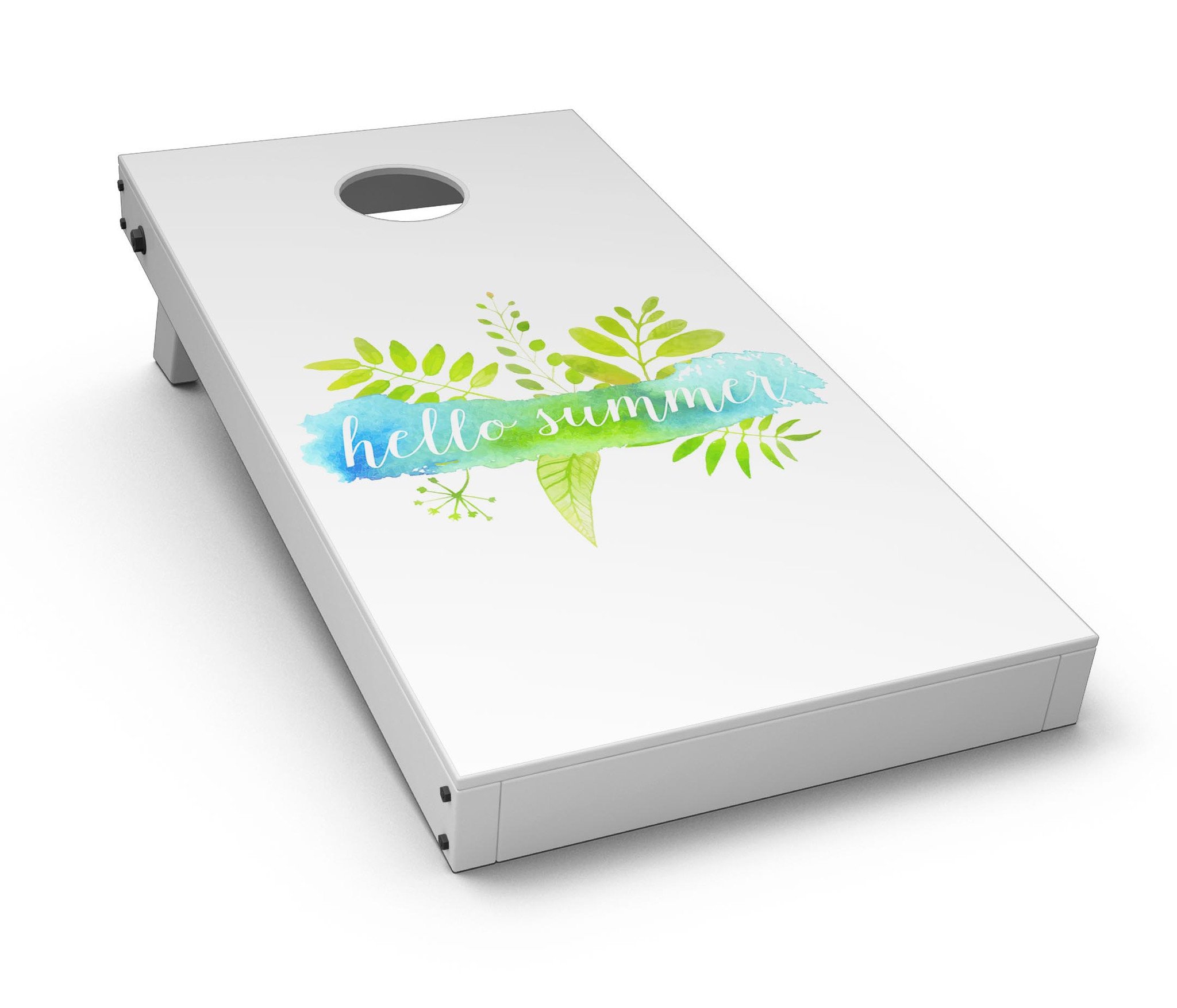 Hello Summer Watercolor Branches Cornhole Board Skin Decal Kit featuring vibrant watercolor designs for summer-themed outdoor games.