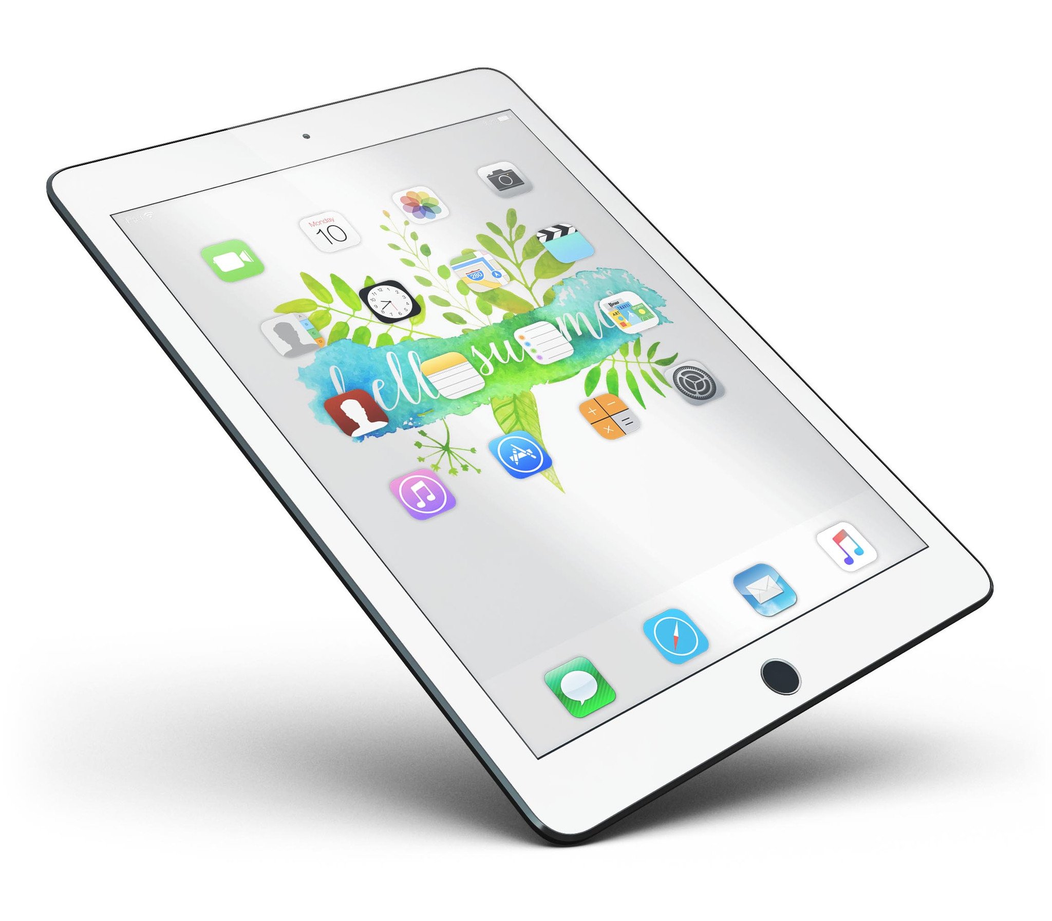 Hello Summer Watercolor Branches Full Body Skin for iPad Pro, featuring a vibrant watercolor design on premium vinyl material.