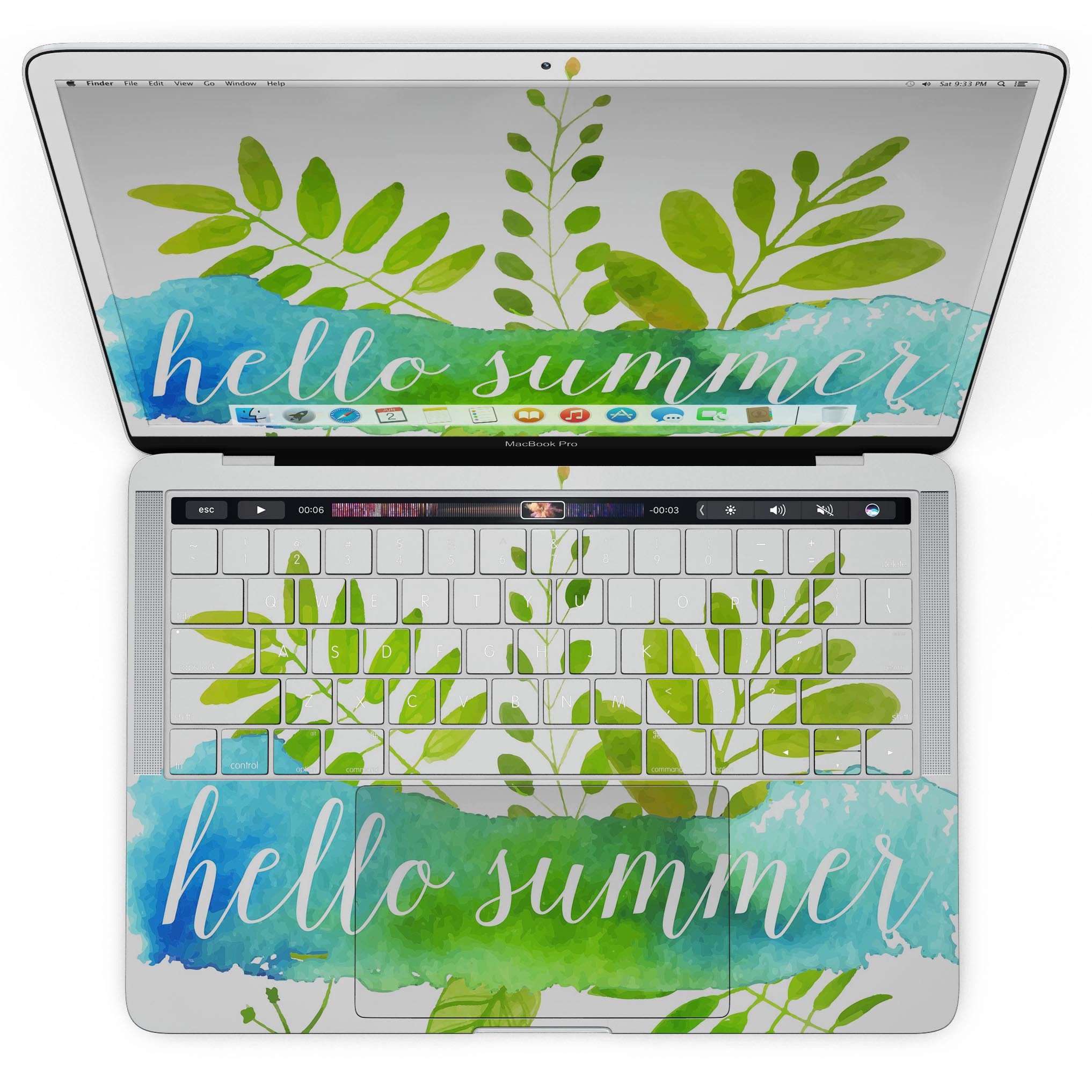 Hello Summer Watercolor Branches skin kit for MacBook Pro with Touch Bar, showcasing vibrant watercolor design on premium vinyl.