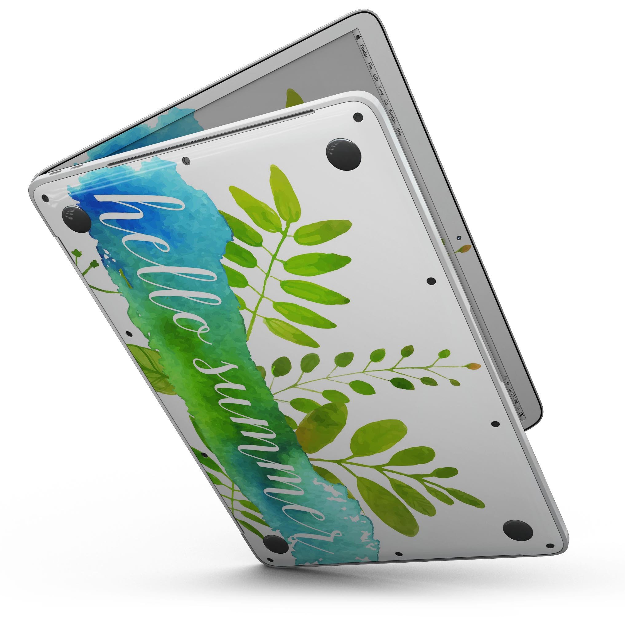 Hello Summer Watercolor Branches skin kit for MacBook Pro with Touch Bar, showcasing vibrant watercolor design on premium vinyl.