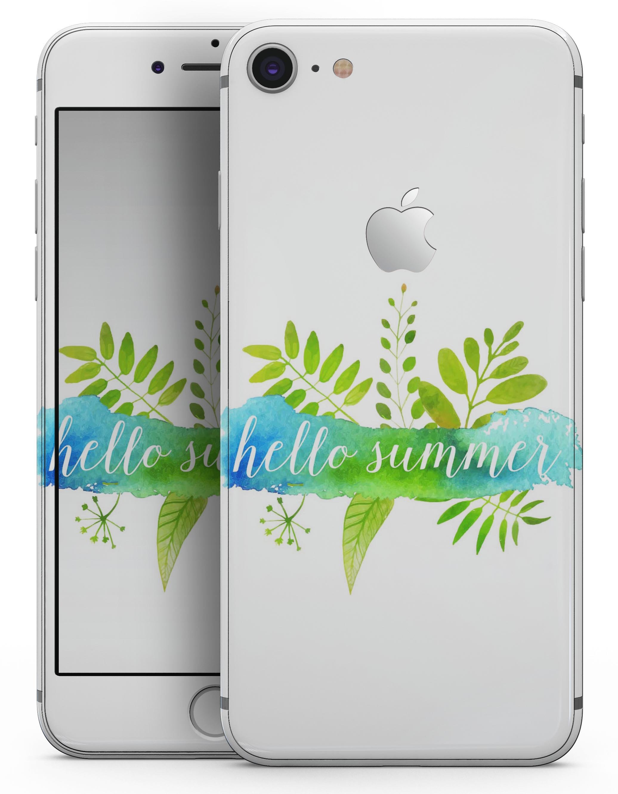 Hello Summer Watercolor Branches skin for iPhone 8 and 8 Plus, showcasing a vibrant watercolor design on premium vinyl.
