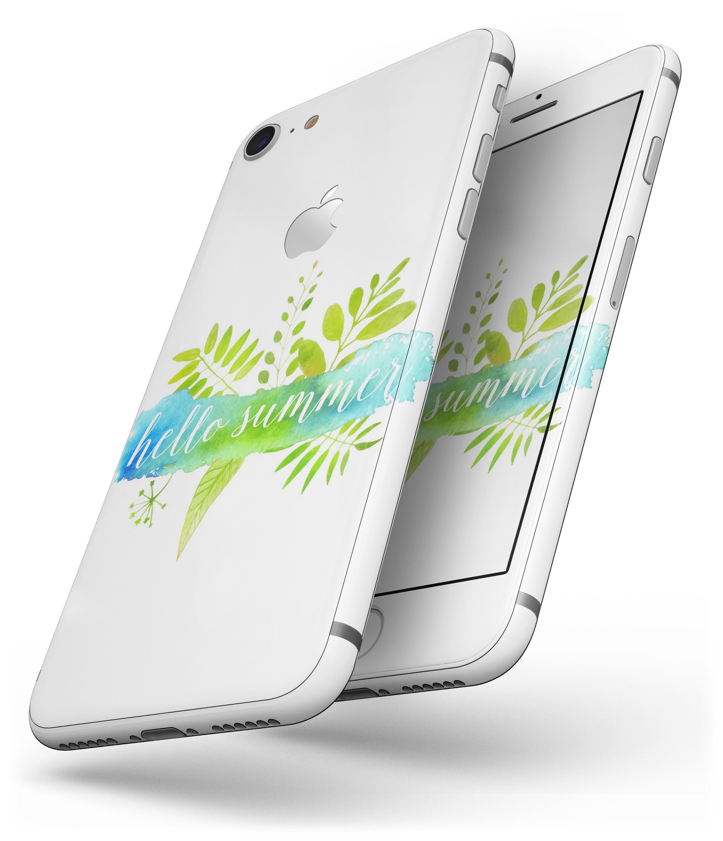 Hello Summer Watercolor Branches skin for iPhone 8 and 8 Plus, showcasing a vibrant watercolor design on premium vinyl.